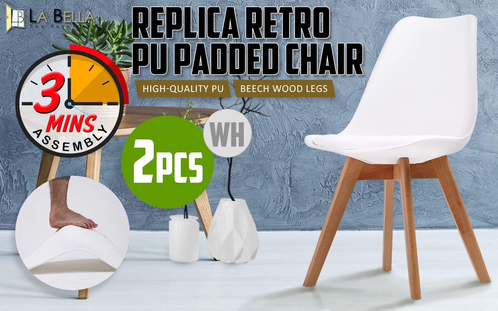 Retro Padded Dining Chairs with Beech Legs, 2X White, La Bella