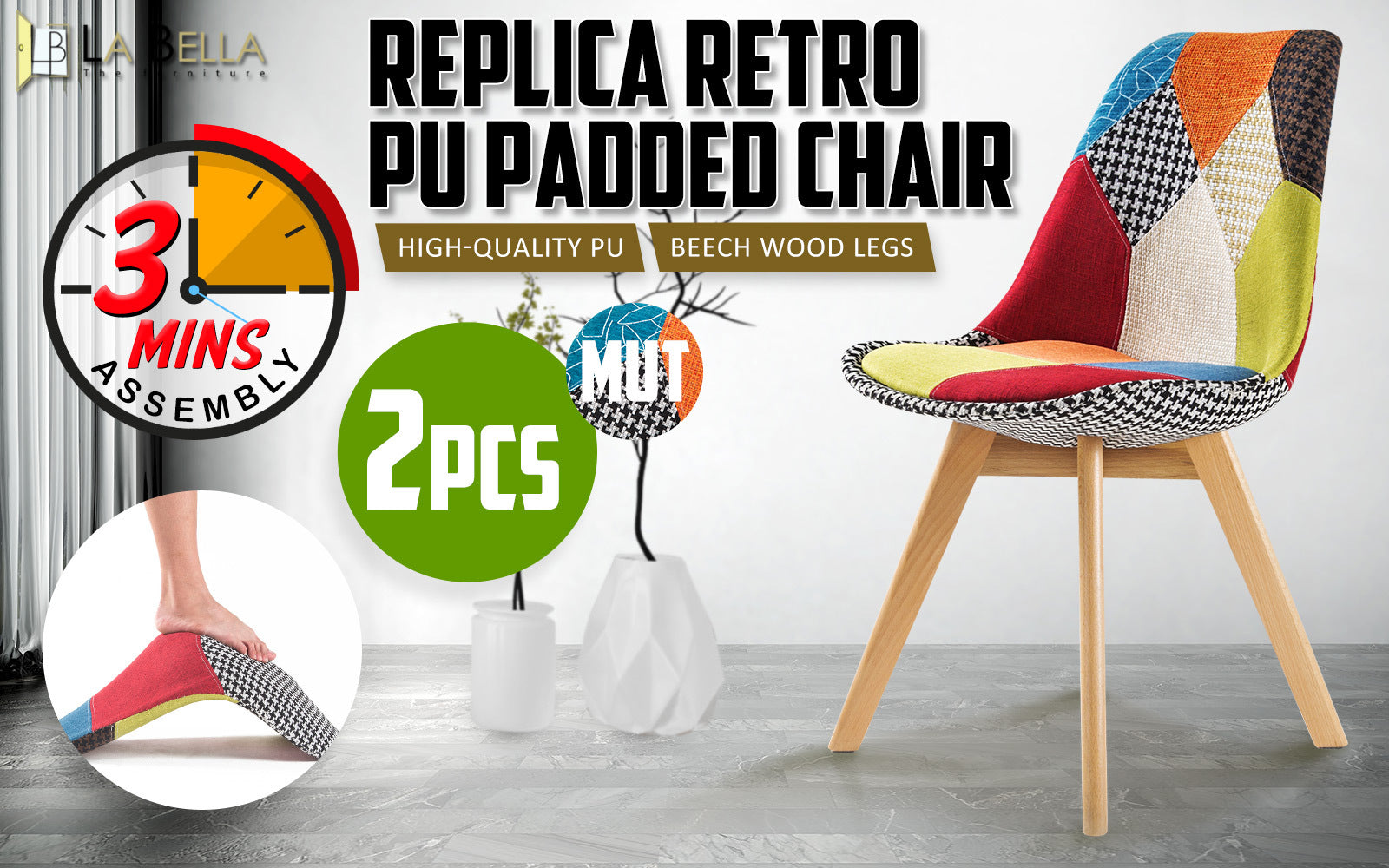 Retro Padded Dining Chairs Set with Beech Legs - La Bella