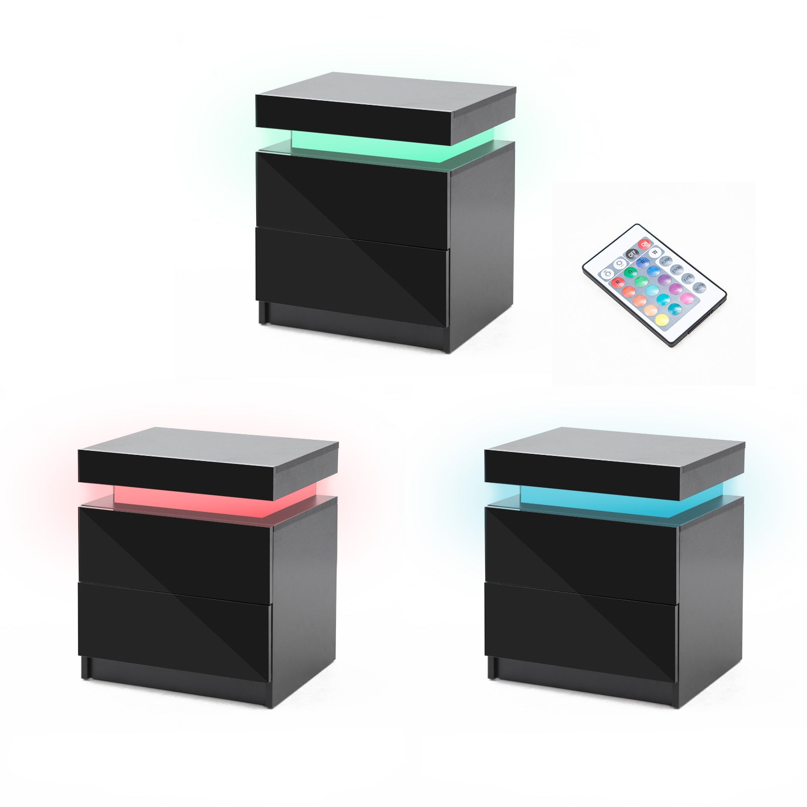 RGB LED Bedside Table 2 Drawers High Gloss Black La Bella