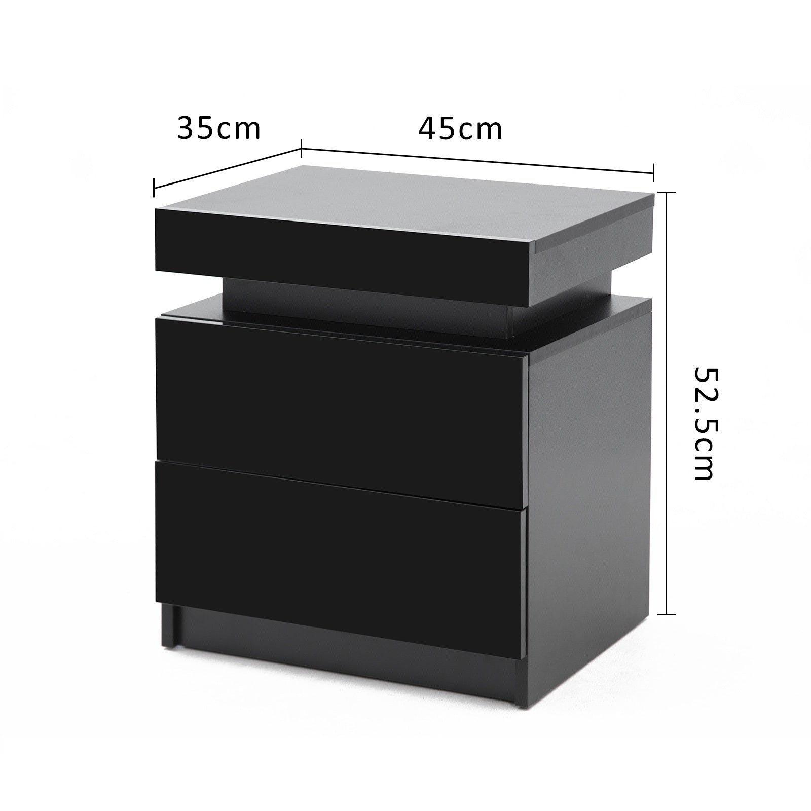 RGB LED Bedside Table 2 Drawers High Gloss Black La Bella