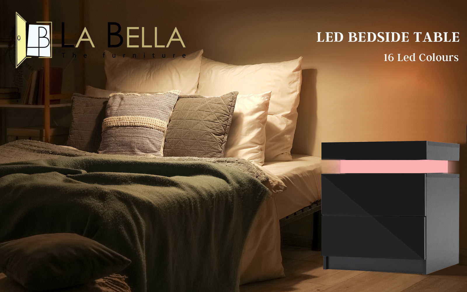 RGB LED Bedside Table 2 Drawers High Gloss Black La Bella