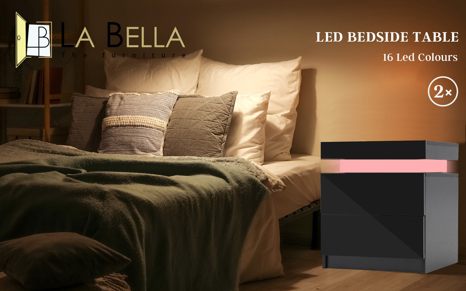 RGB LED 2 Drawers Bedside Table, High Gloss, 2x Set - La Bella