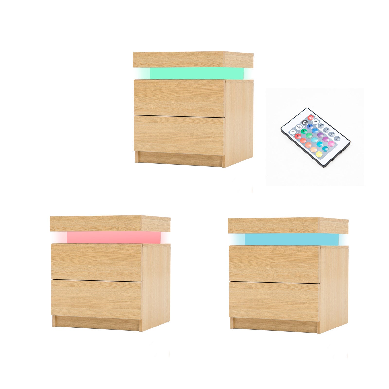 RGB LED 2X Bedside Tables 2 Drawers High Gloss Oak