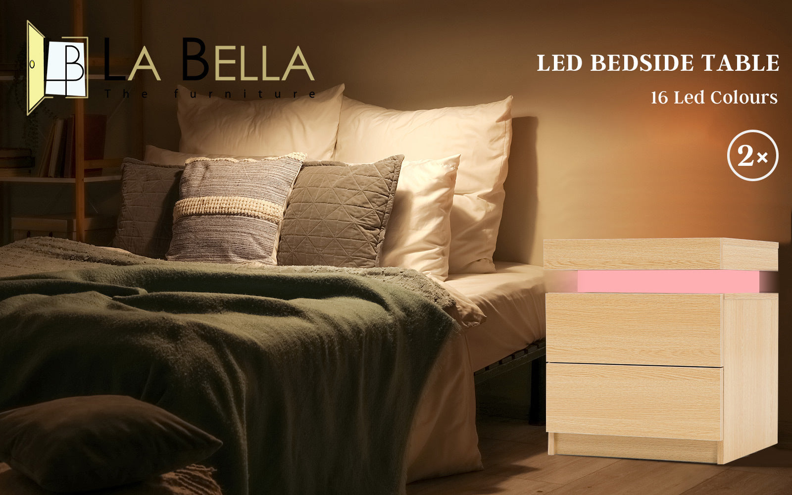 RGB LED 2X Bedside Tables 2 Drawers High Gloss Oak