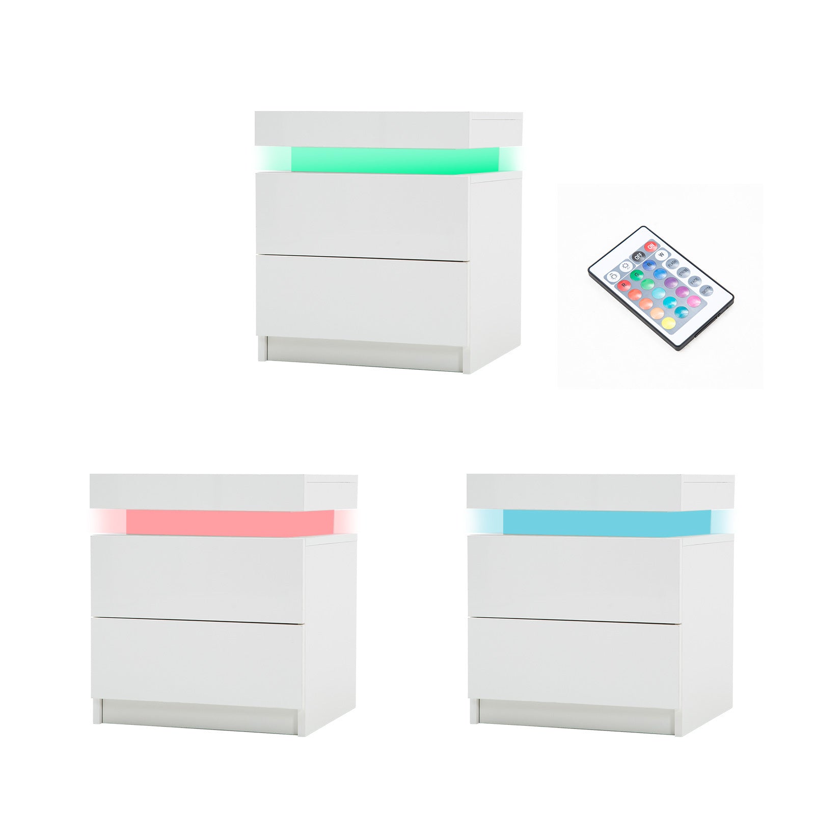 RGB LED Bedside Tables, 2 Drawers, High Gloss, Set of 2, La Bella AURORA