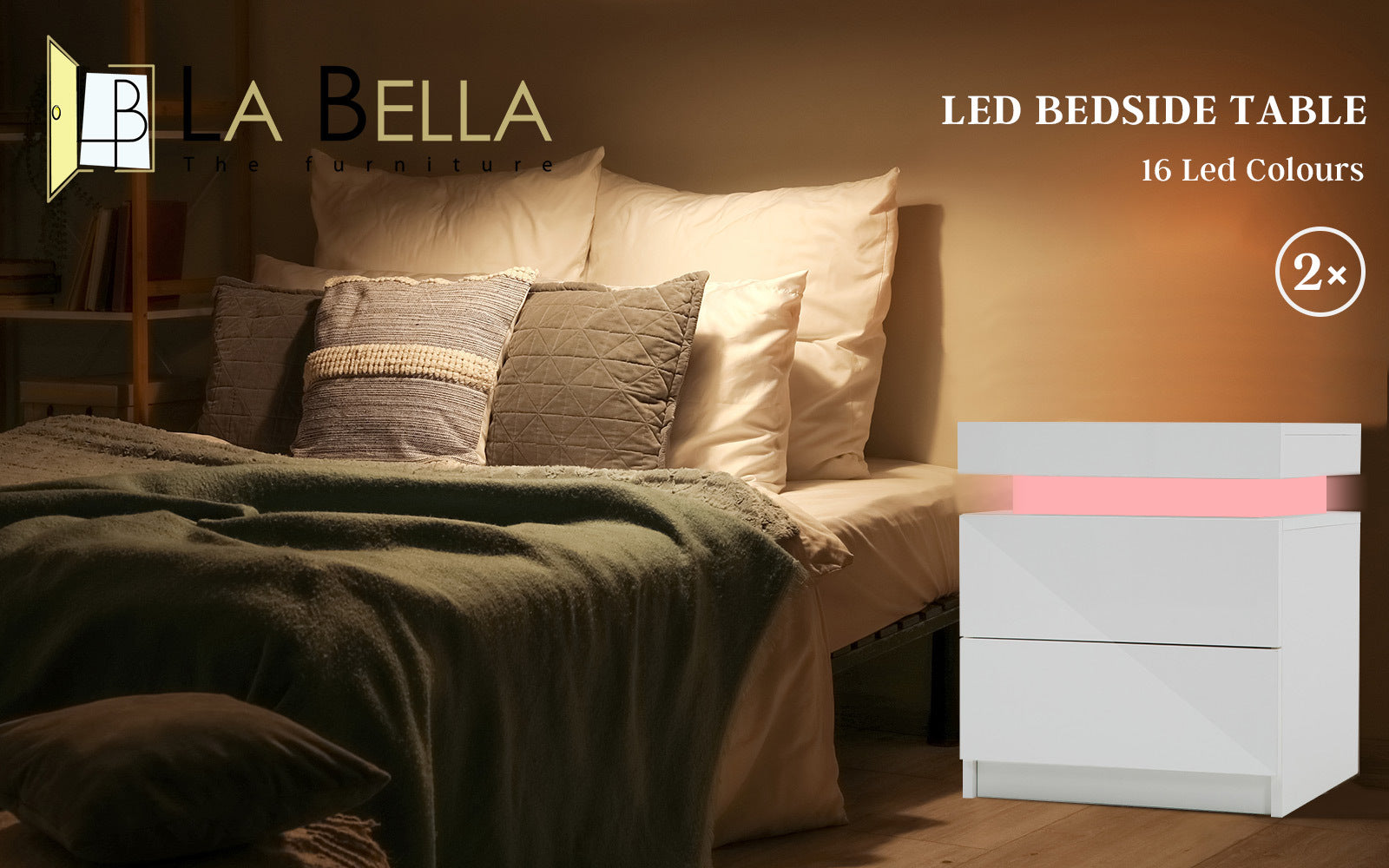 RGB LED Bedside Tables, 2 Drawers, High Gloss, Set of 2, La Bella AURORA