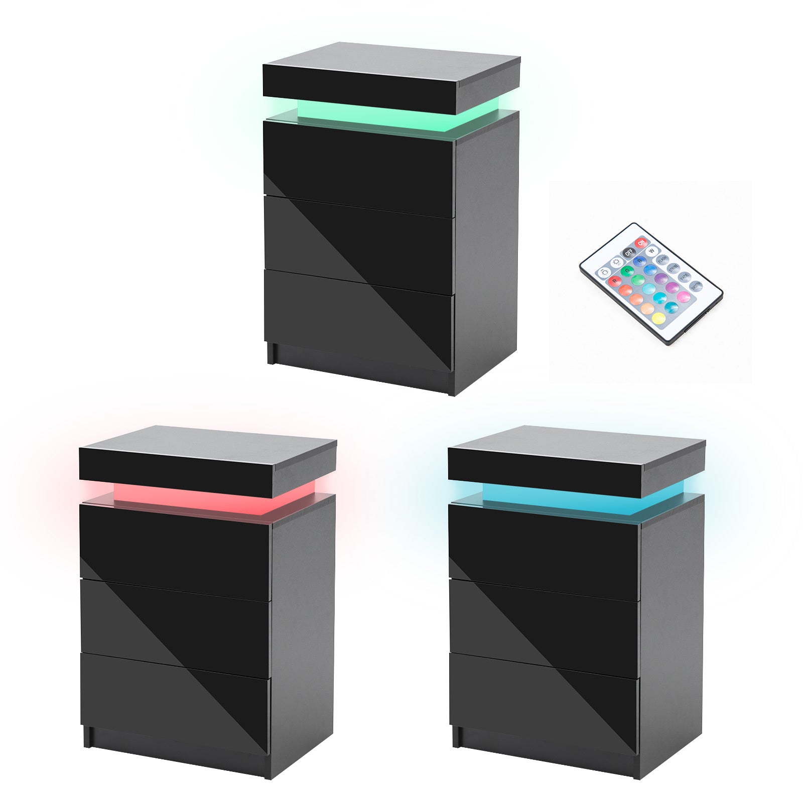 RGB LED 3-Drawer Bedside Table with High Gloss Finish - La Bella