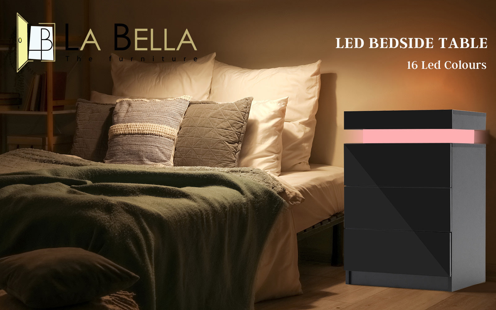 RGB LED 3-Drawer Bedside Table with High Gloss Finish - La Bella