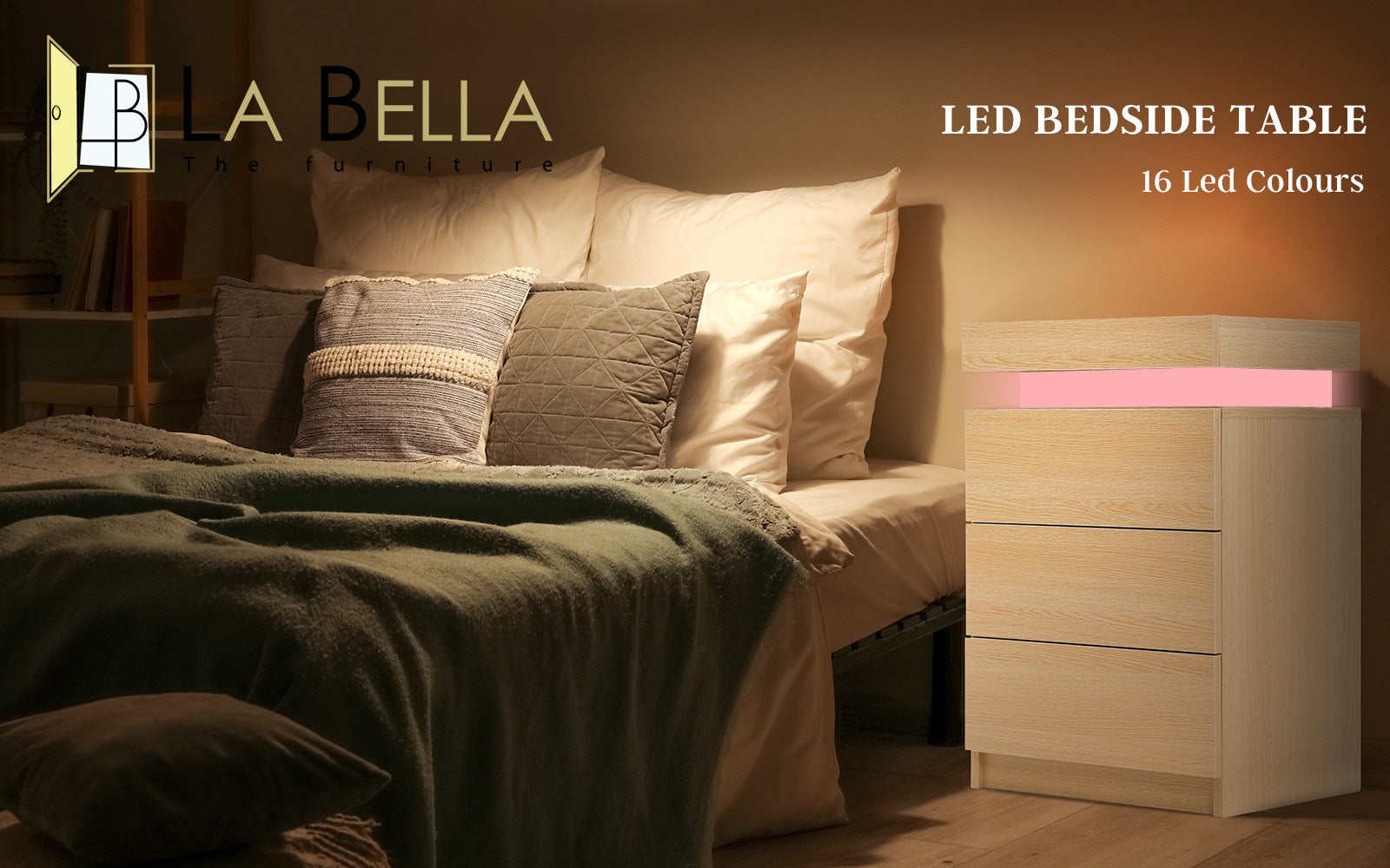 RGB LED Bedside Table, 3 Drawers, Gloss Finish, La Bella