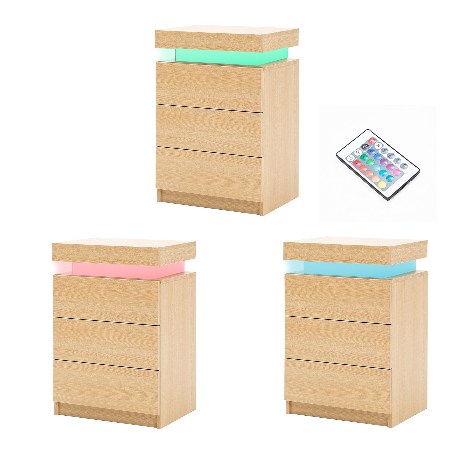 RGB LED 3 Drawers Bedside Tables with Storage Set - La Bella