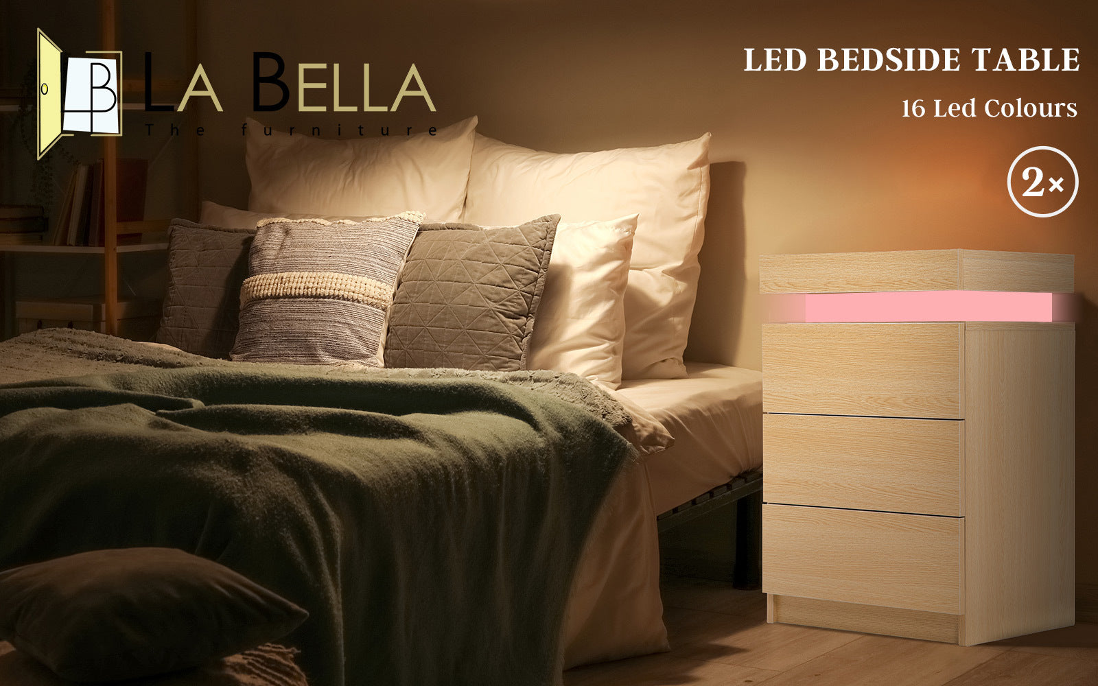 RGB LED 3 Drawers Bedside Tables with Storage Set - La Bella