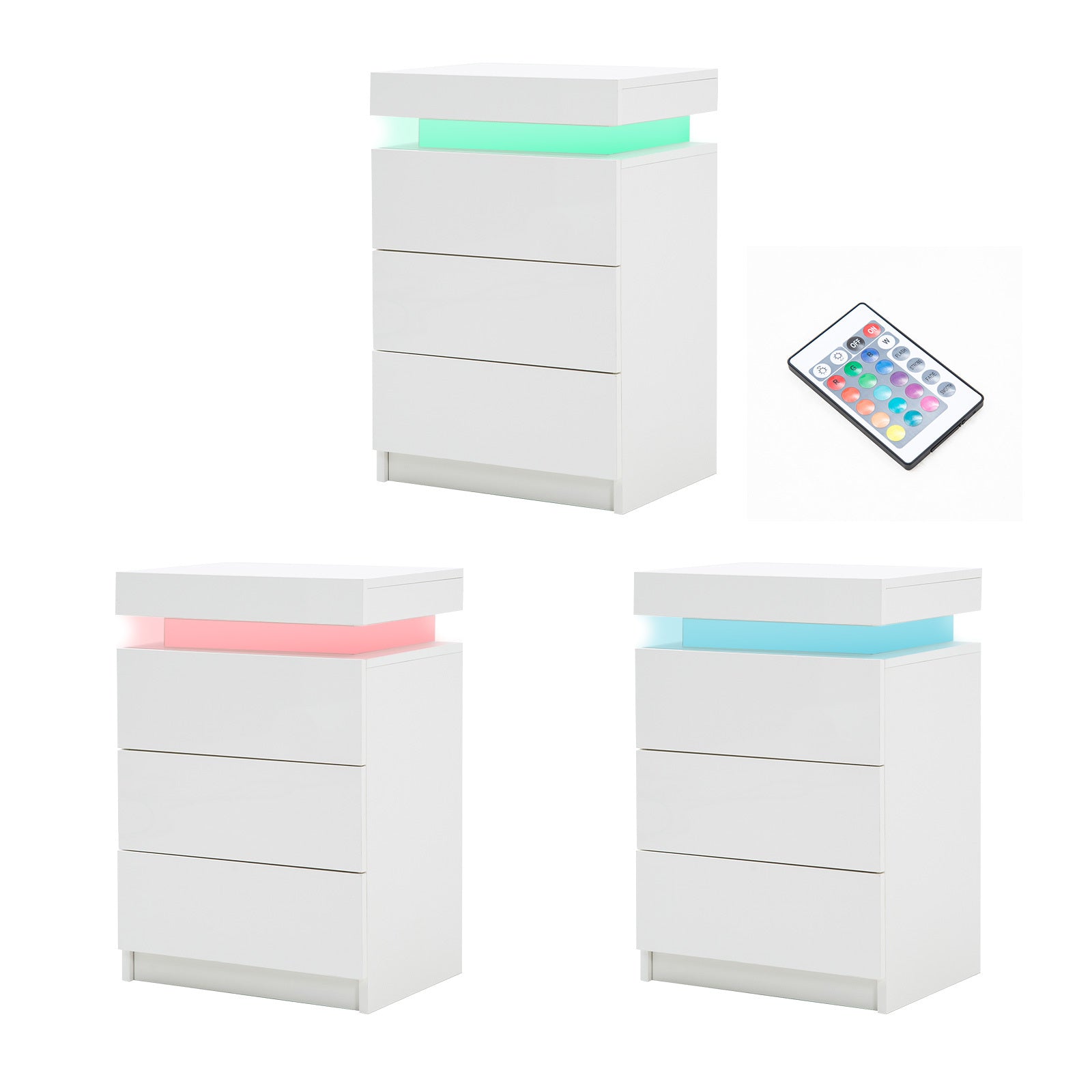 RGB LED White 3 Drawer Bedside Tables Set with Secret Compartment