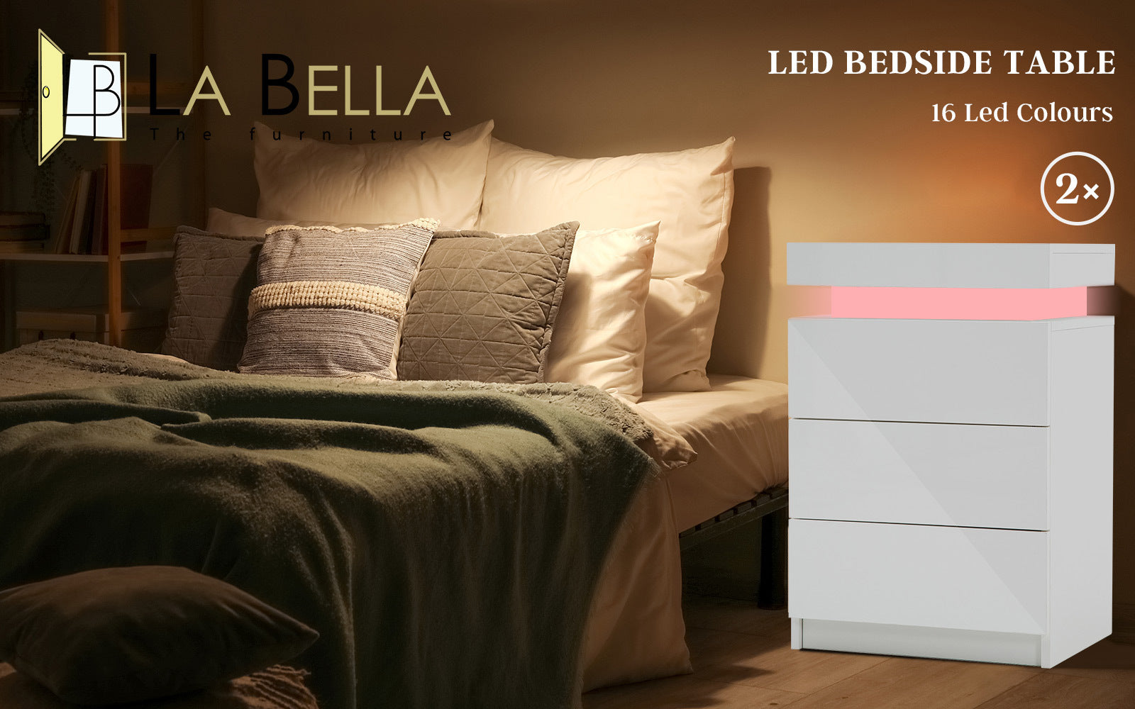 RGB LED White 3 Drawer Bedside Tables Set with Secret Compartment