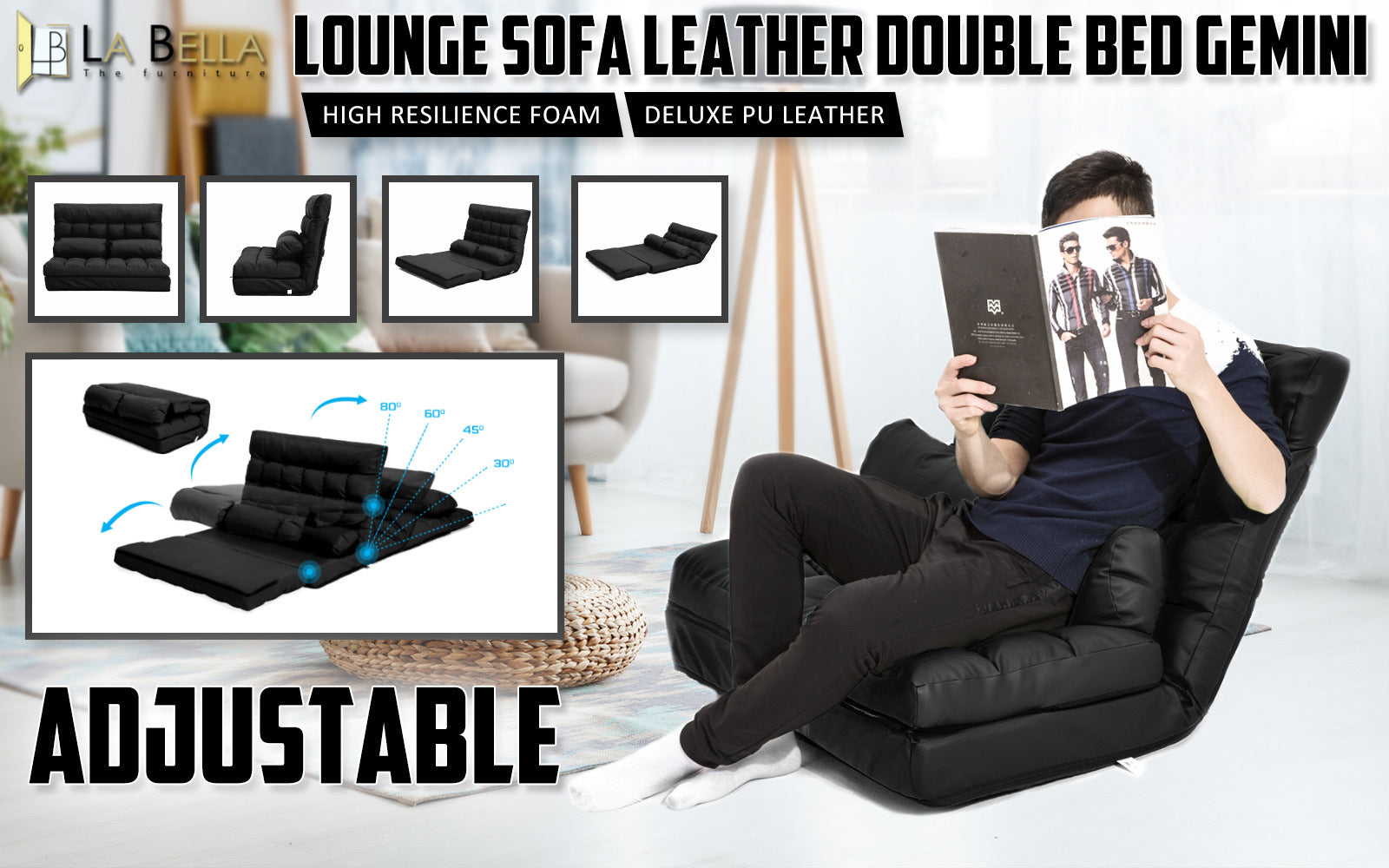 Adjustable Double Seat Sofa Bed, PU Leather, 5 Positions, La Bella