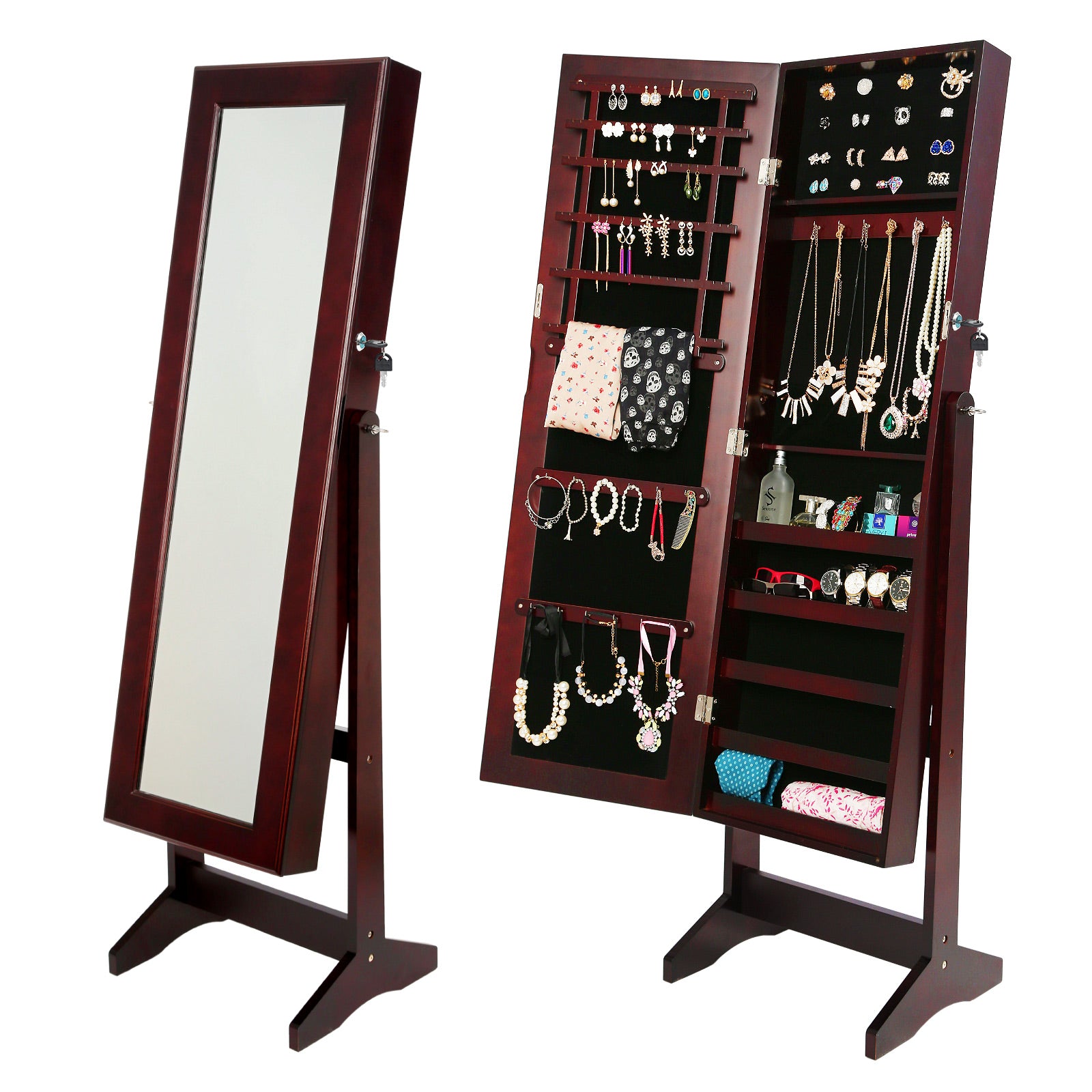 Lockable Walnut Mirror Jewellery Cabinet, 146cm, La Bella