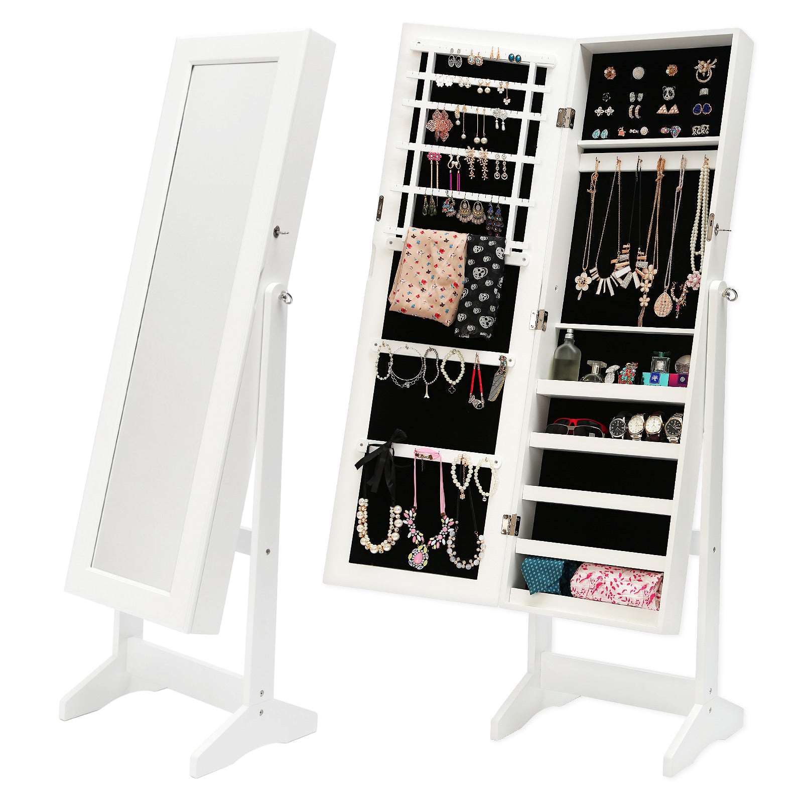 Lockable Jewelry Cabinet Mirror, 91 Ring Slots, 18 Hooks, La Bella