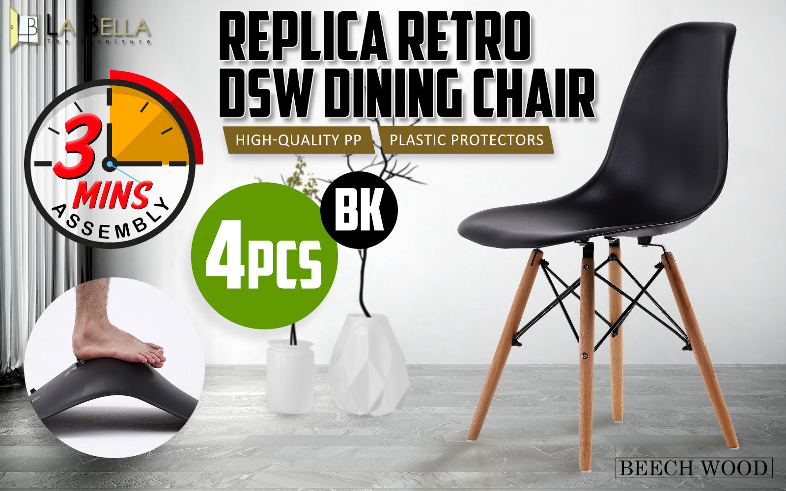 Black Retro Dining Cafe Chairs Set of 4 - La Bella