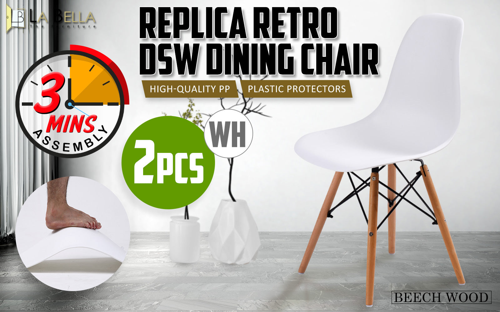 White Retro Dining Cafe Chairs (2X), Polypropylene Seat, Beech Wood Legs - La Bella