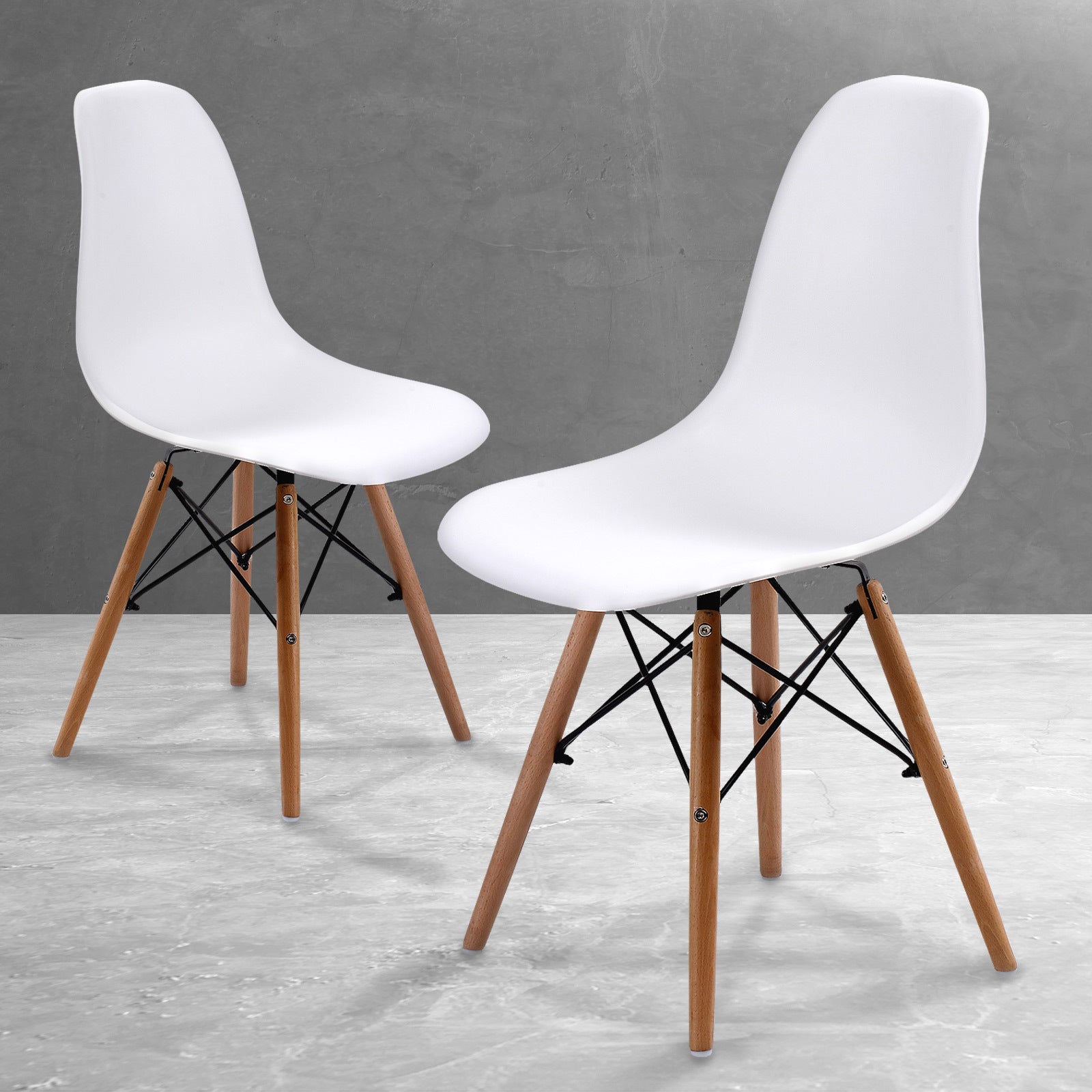 White Retro Dining Cafe Chairs (2X), Polypropylene Seat, Beech Wood Legs - La Bella