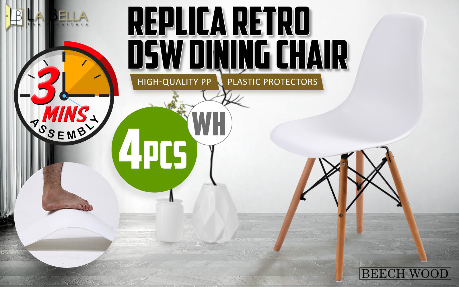 Durable White Retro Dining Chairs Set of 4 with Beech Legs