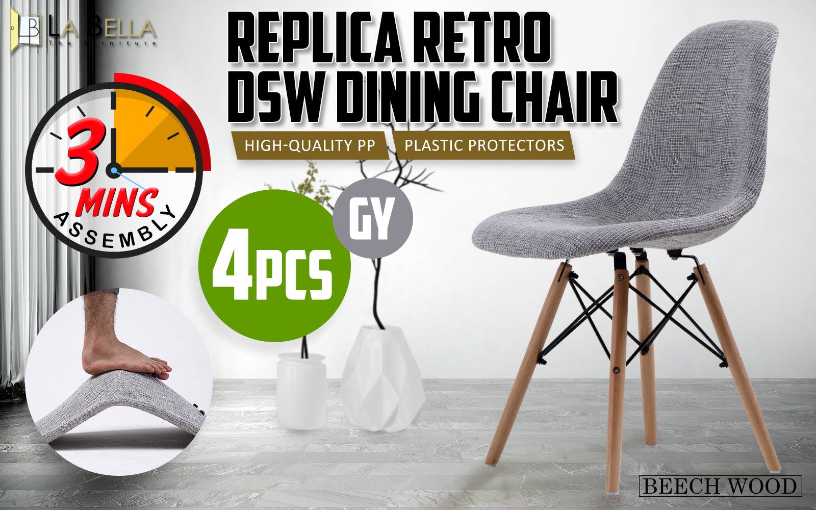 Grey Fabric Retro Dining Cafe Chairs Set, Beech Wood Legs