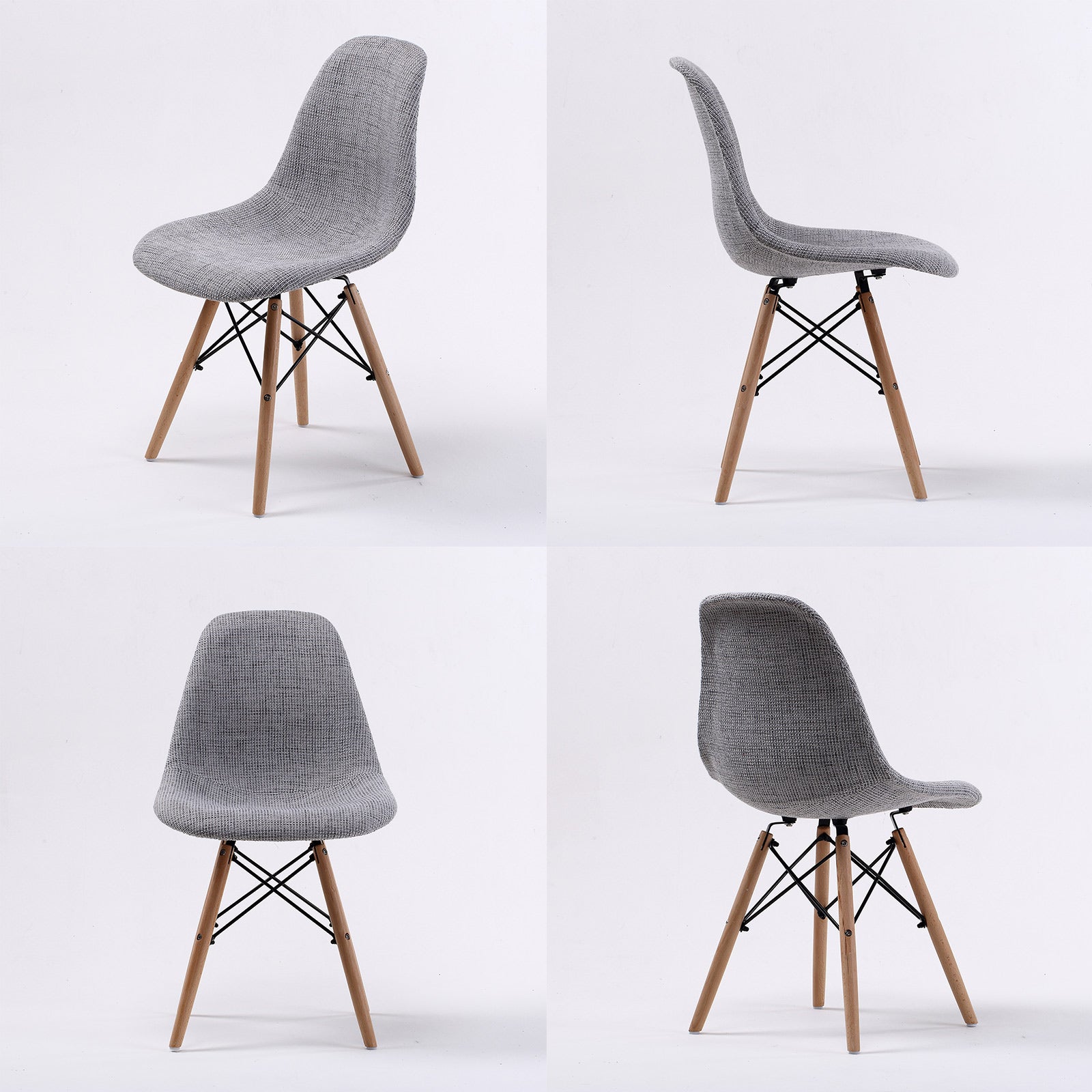 Grey Fabric Retro Dining Cafe Chairs Set, Beech Wood Legs