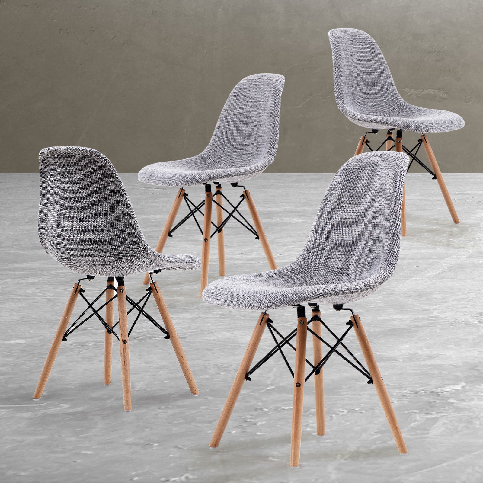 Grey Fabric Retro Dining Cafe Chairs Set, Beech Wood Legs