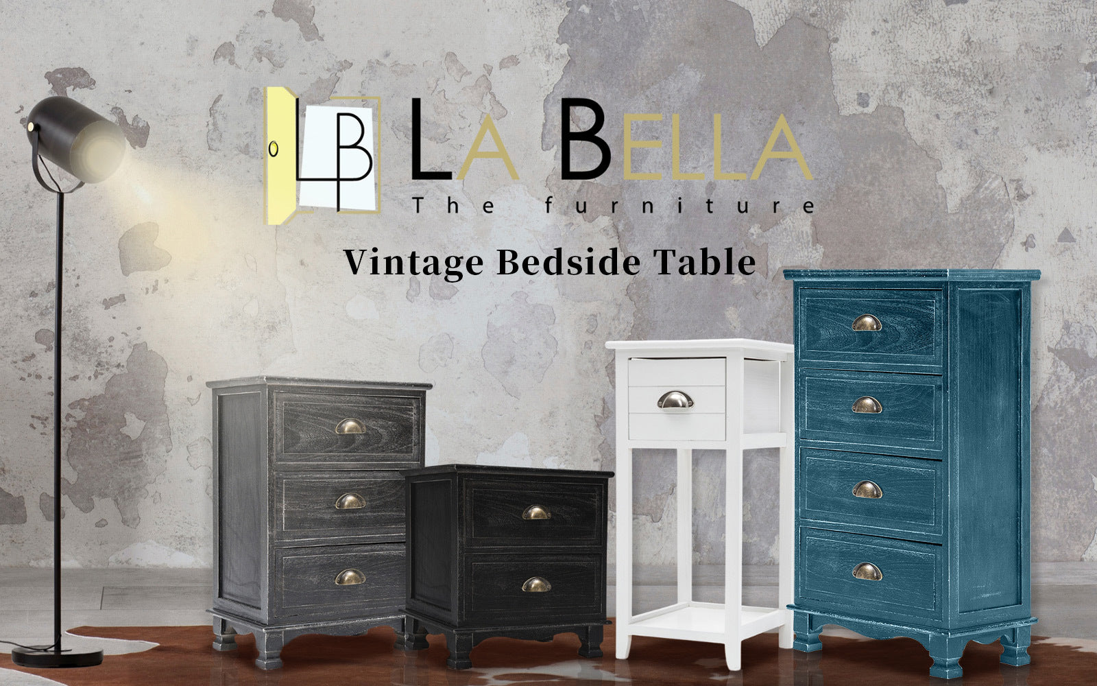 Vintage 3 Drawer Bedside Table, Solid Wood and MDF, La Bella