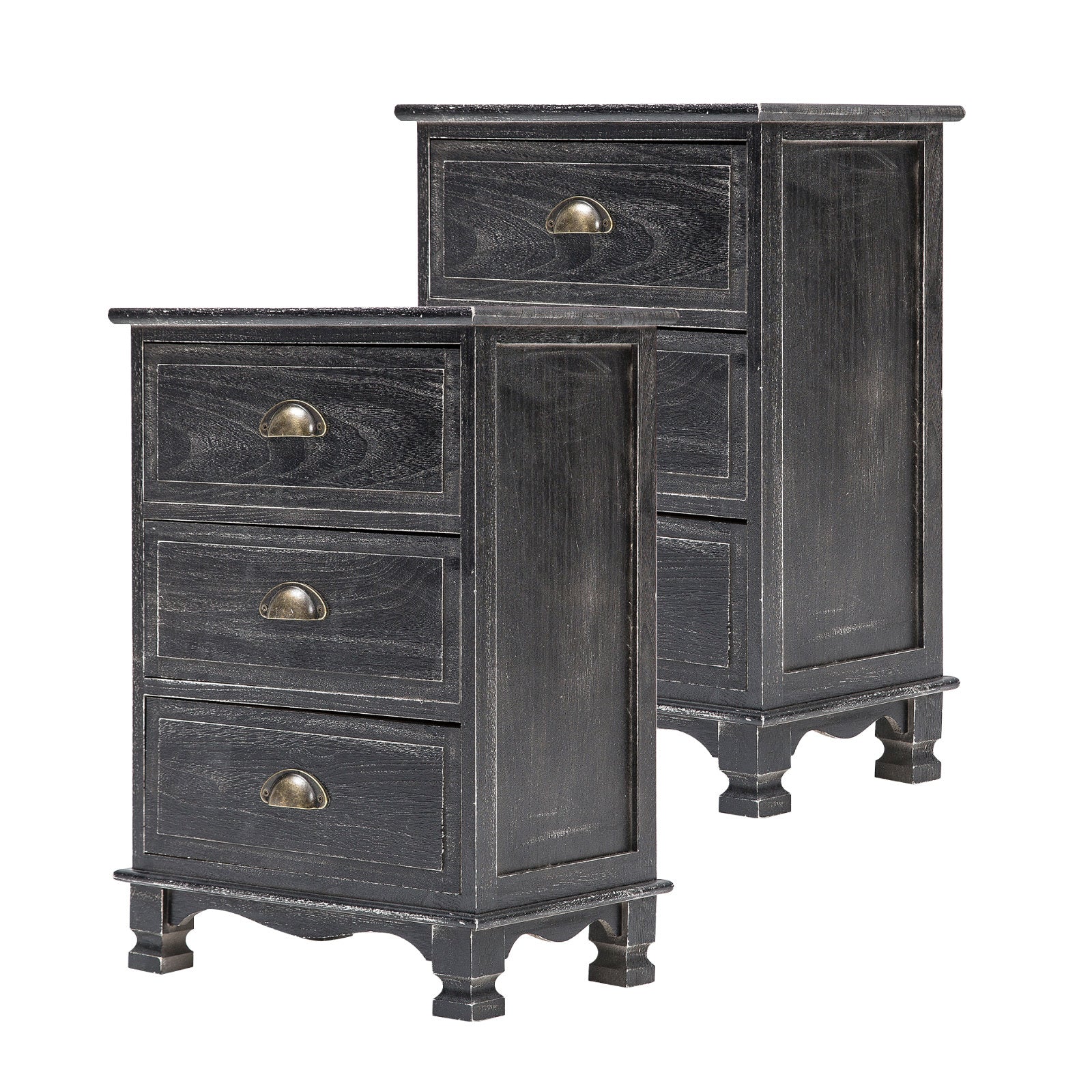 Vintage Black 3-Drawer Bedside Tables Set, Solid Wood