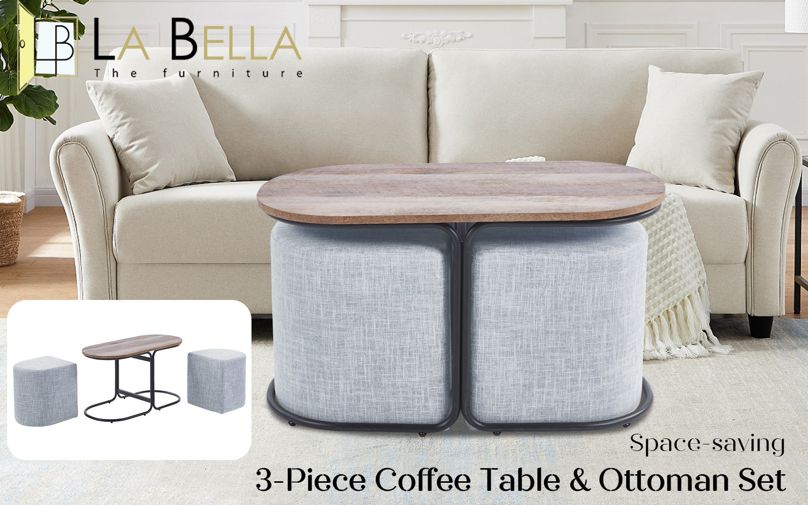 3 Piece Industrial Coffee Table Set w/Ottomans, La Bella