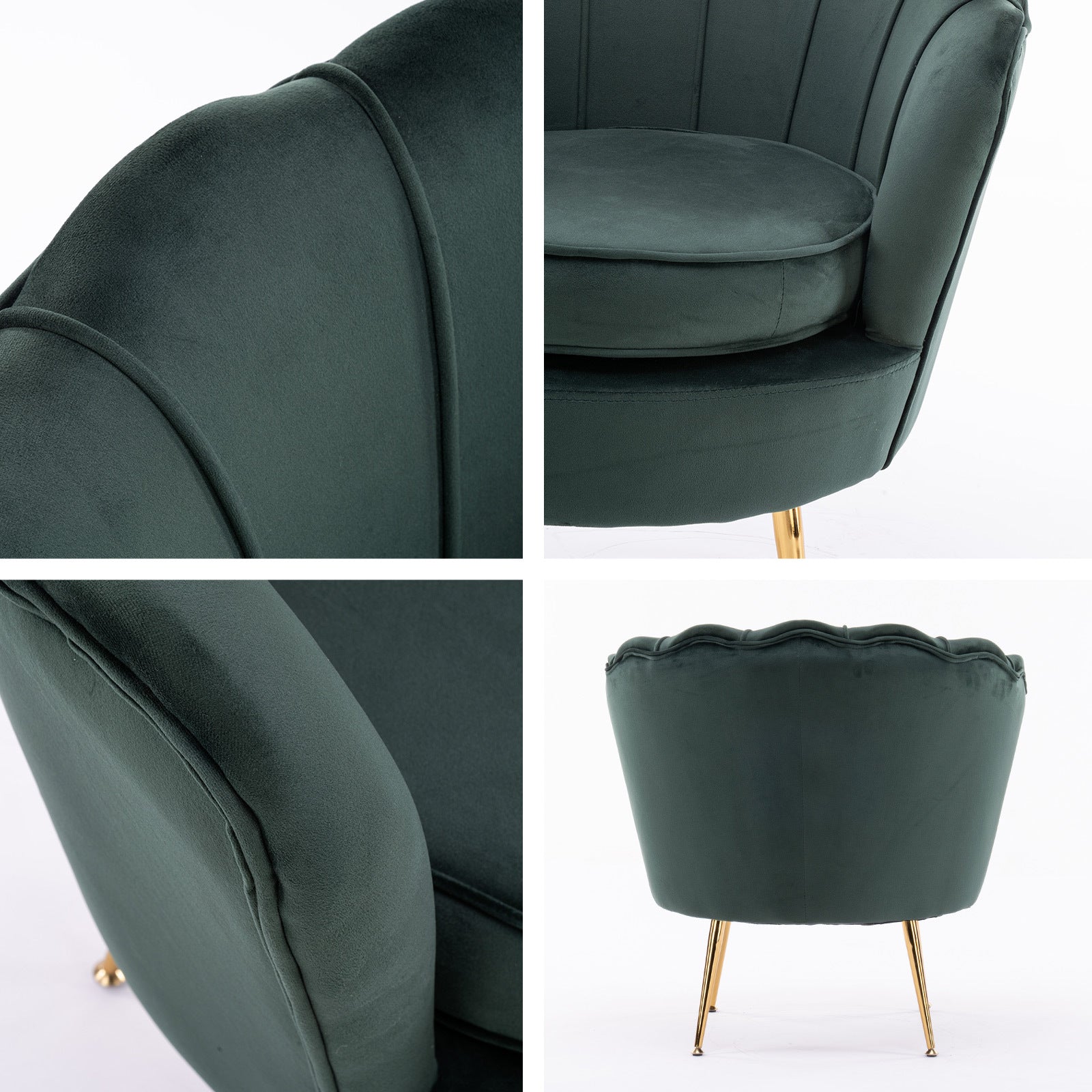 Green Velvet Armchair, Gold Legs, Scalloped Back - La Bella