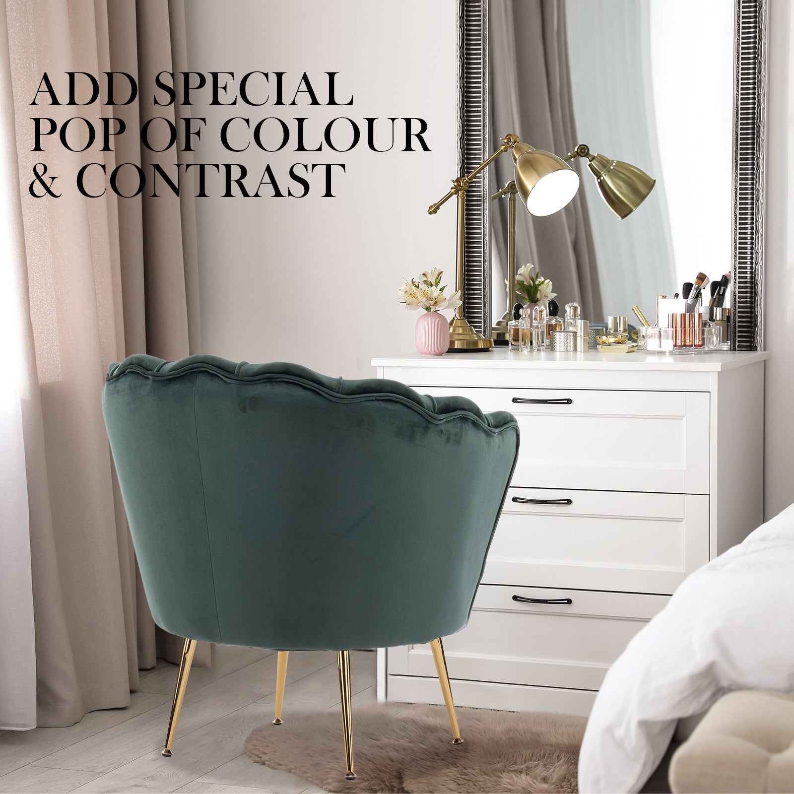 Green Velvet Armchair, Gold Legs, Scalloped Back - La Bella