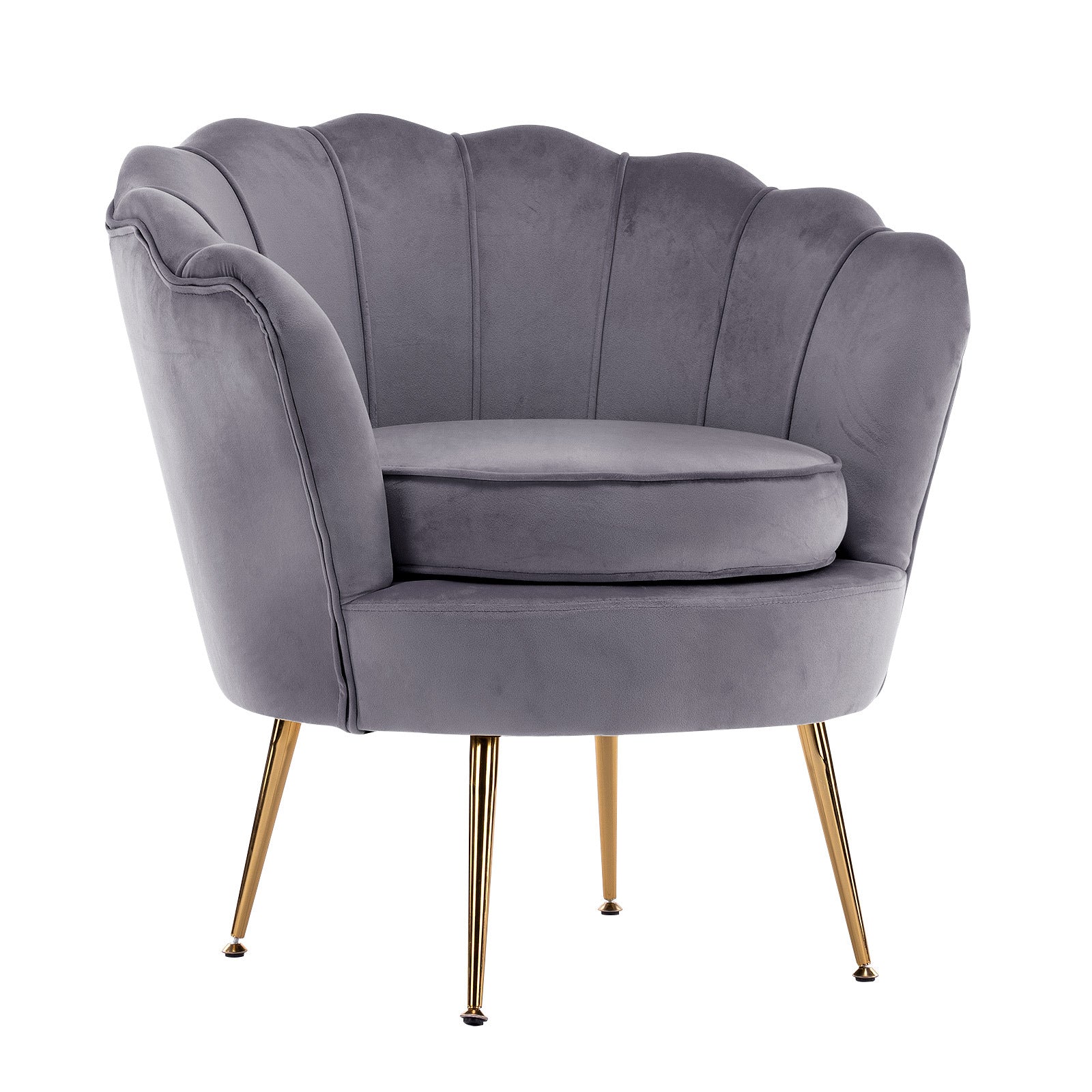 Elegant Velvet Grey Armchair, Scalloped Back, Gold Metal Legs