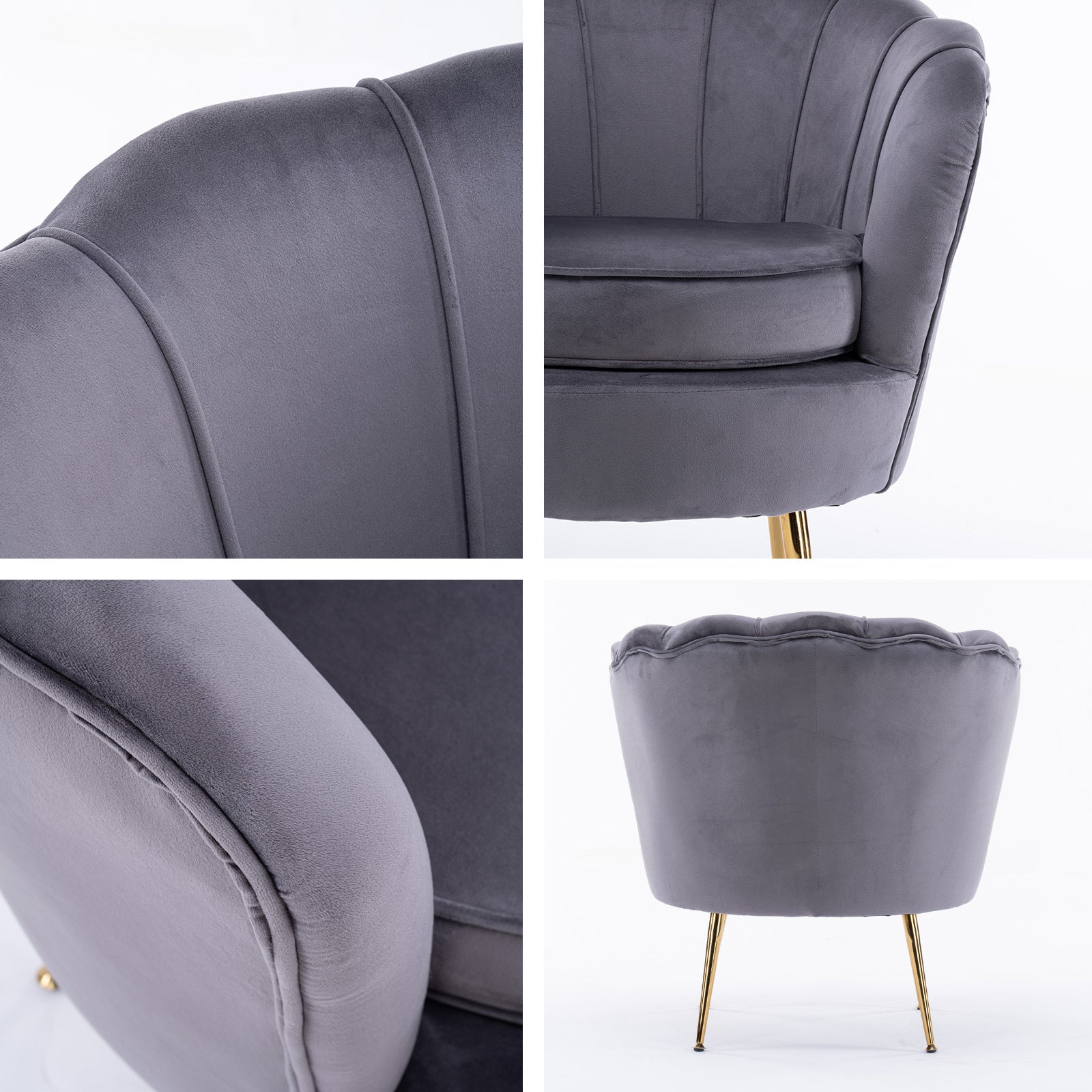 Elegant Velvet Grey Armchair, Scalloped Back, Gold Metal Legs