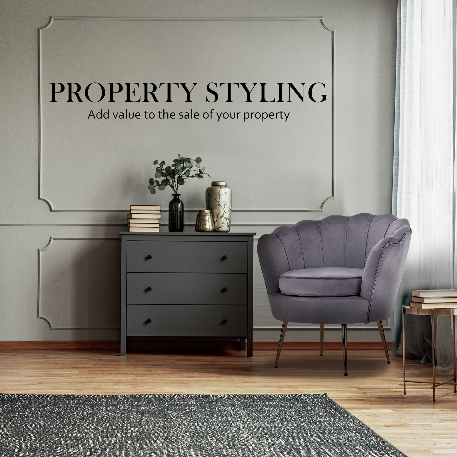 Elegant Velvet Grey Armchair, Scalloped Back, Gold Metal Legs