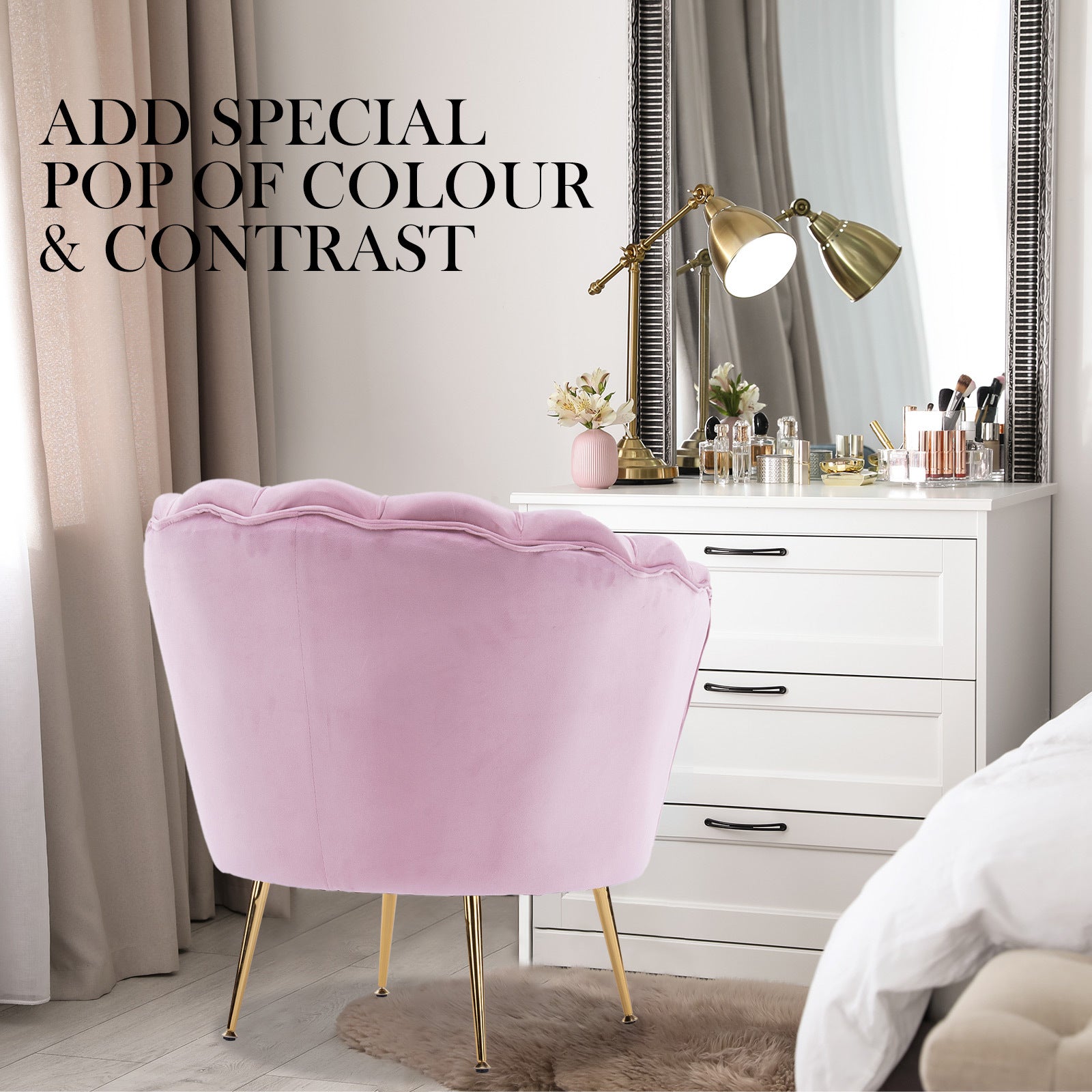 Pink Velvet Scalloped Armchair, Gold Legs - La Bella