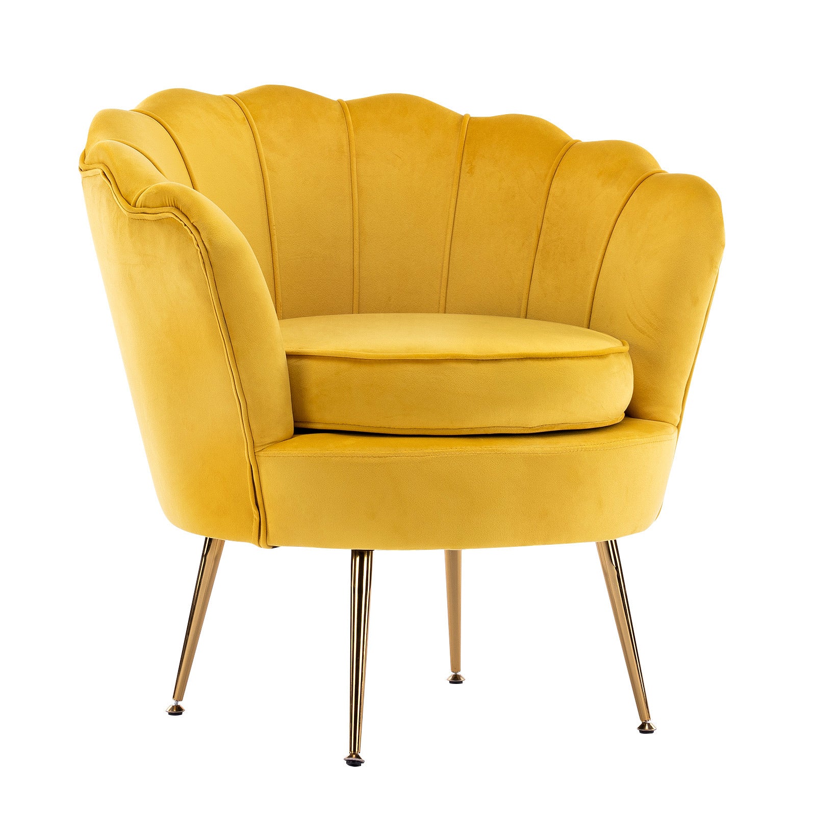 Velvet Padded Armchair, Scalloped Back, Gold Legs, Yellow