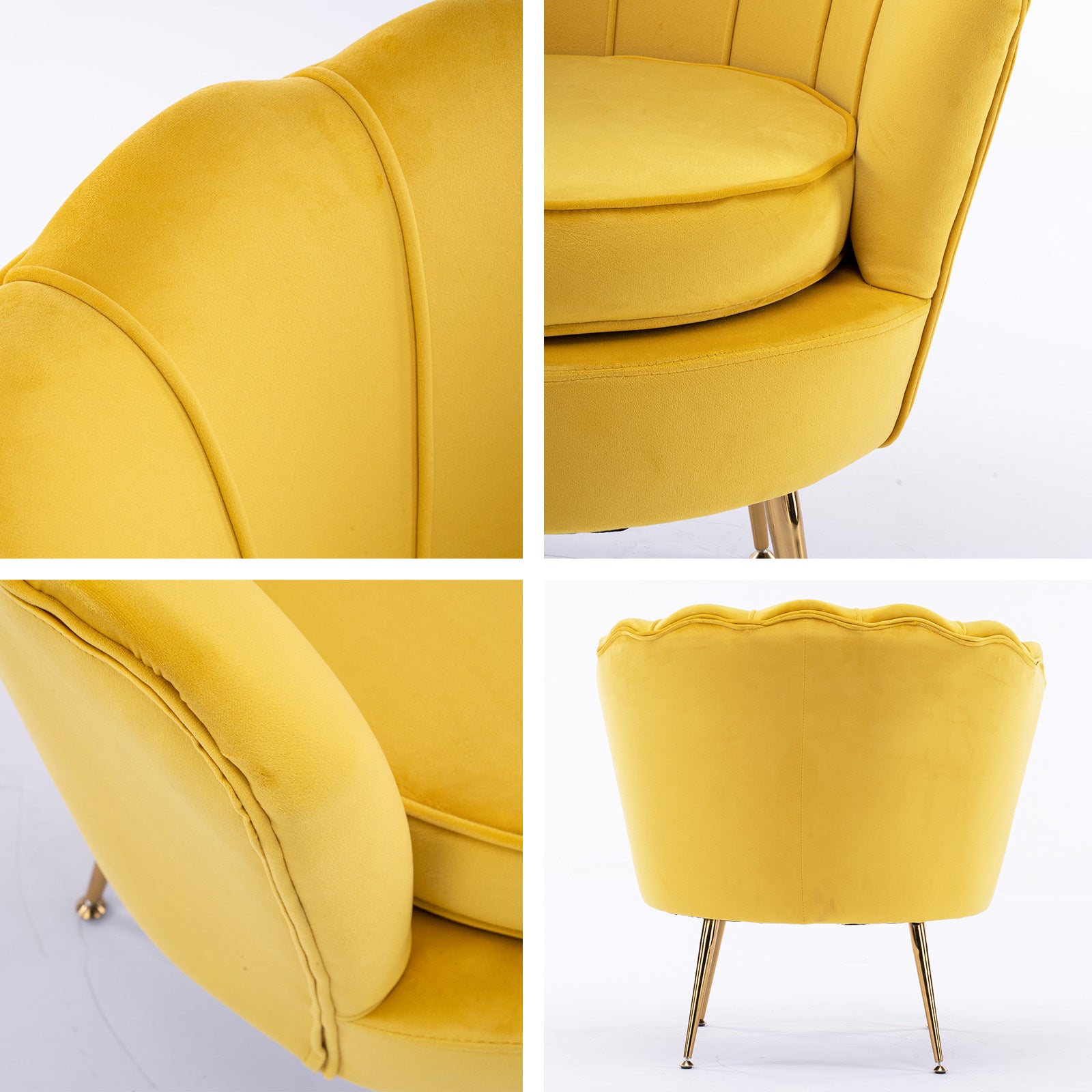 Velvet Padded Armchair, Scalloped Back, Gold Legs, Yellow