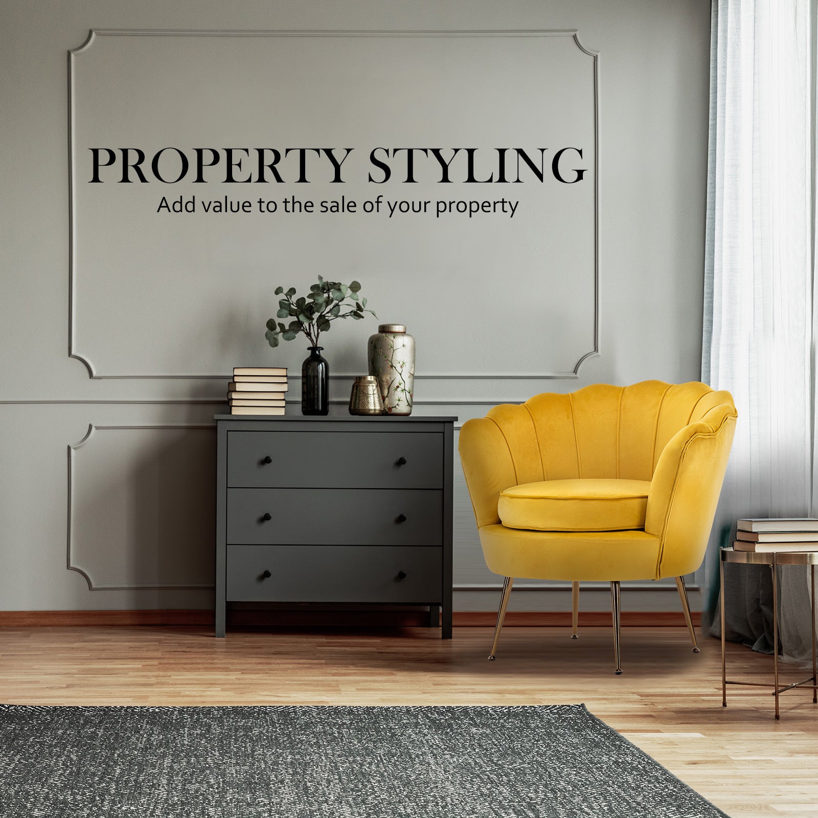 Velvet Padded Armchair, Scalloped Back, Gold Legs, Yellow