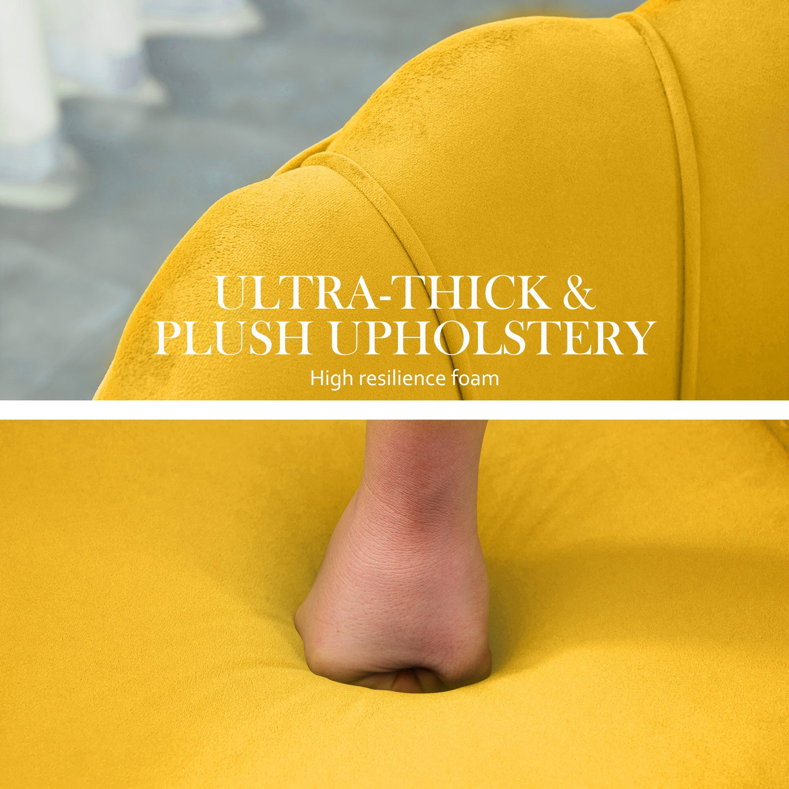 Velvet Padded Armchair, Scalloped Back, Gold Legs, Yellow