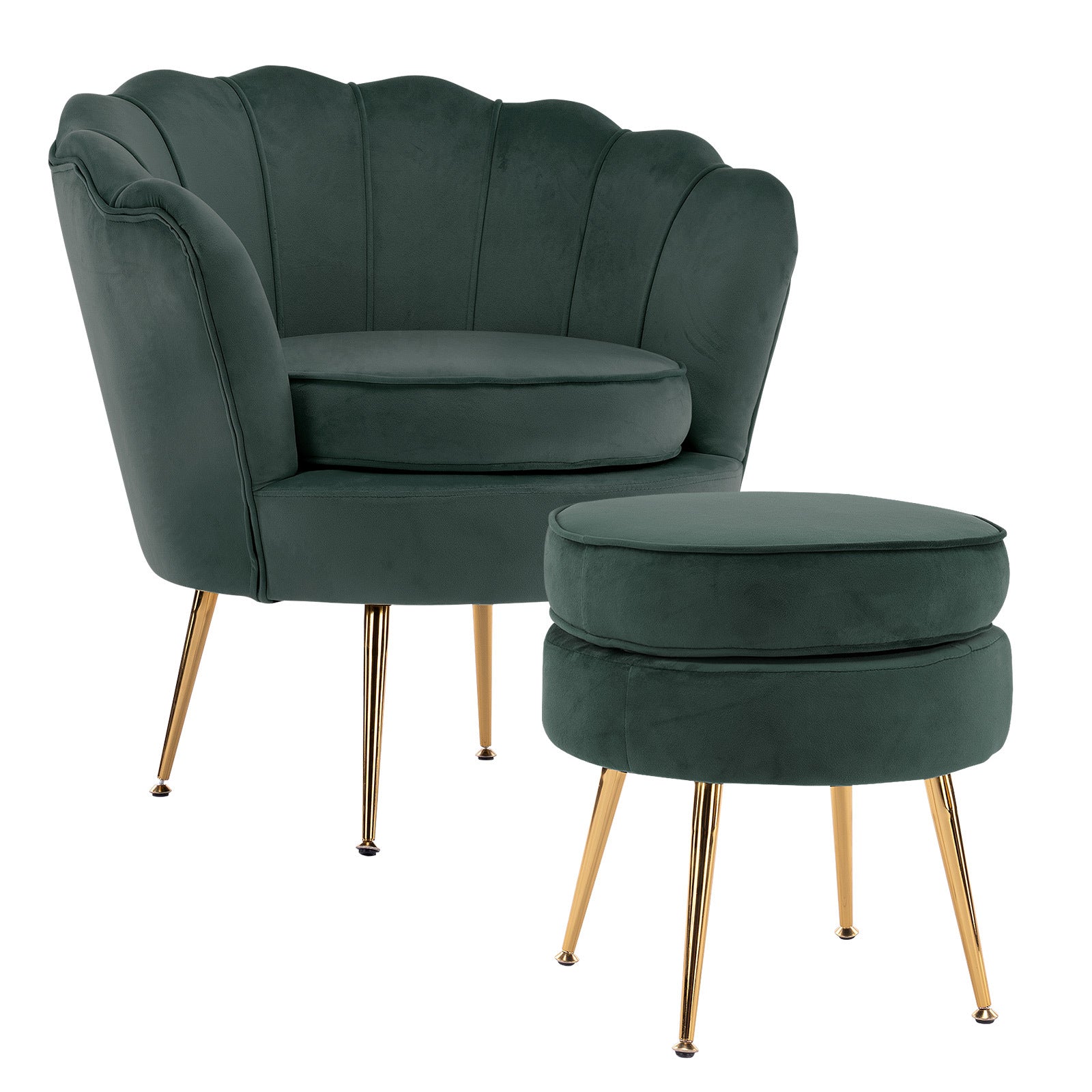 Scalloped Velvet Armchair + Round Ottoman, Green - La Bella