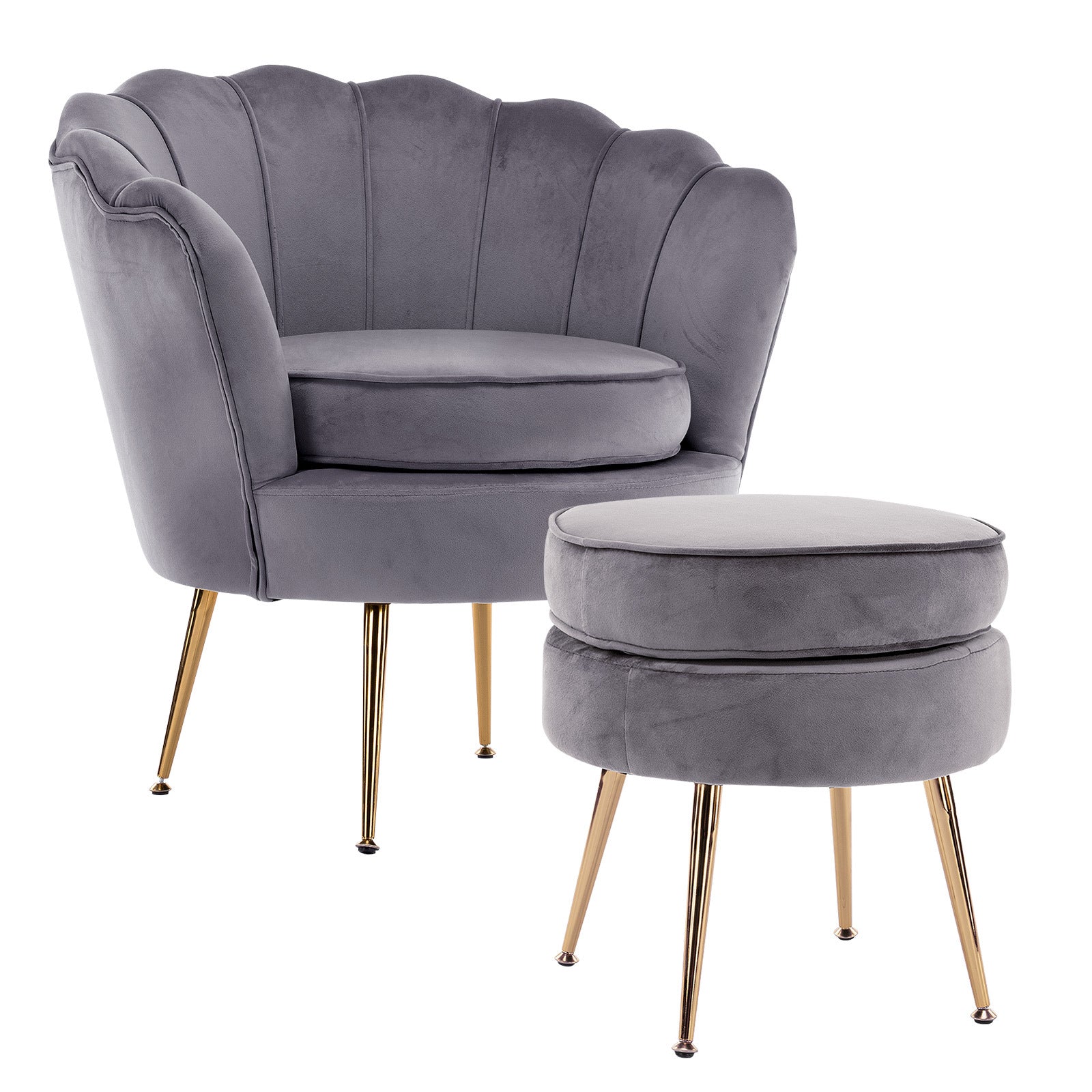 Elegant Velvet Scalloped Armchair + Ottoman, Grey - La Bella