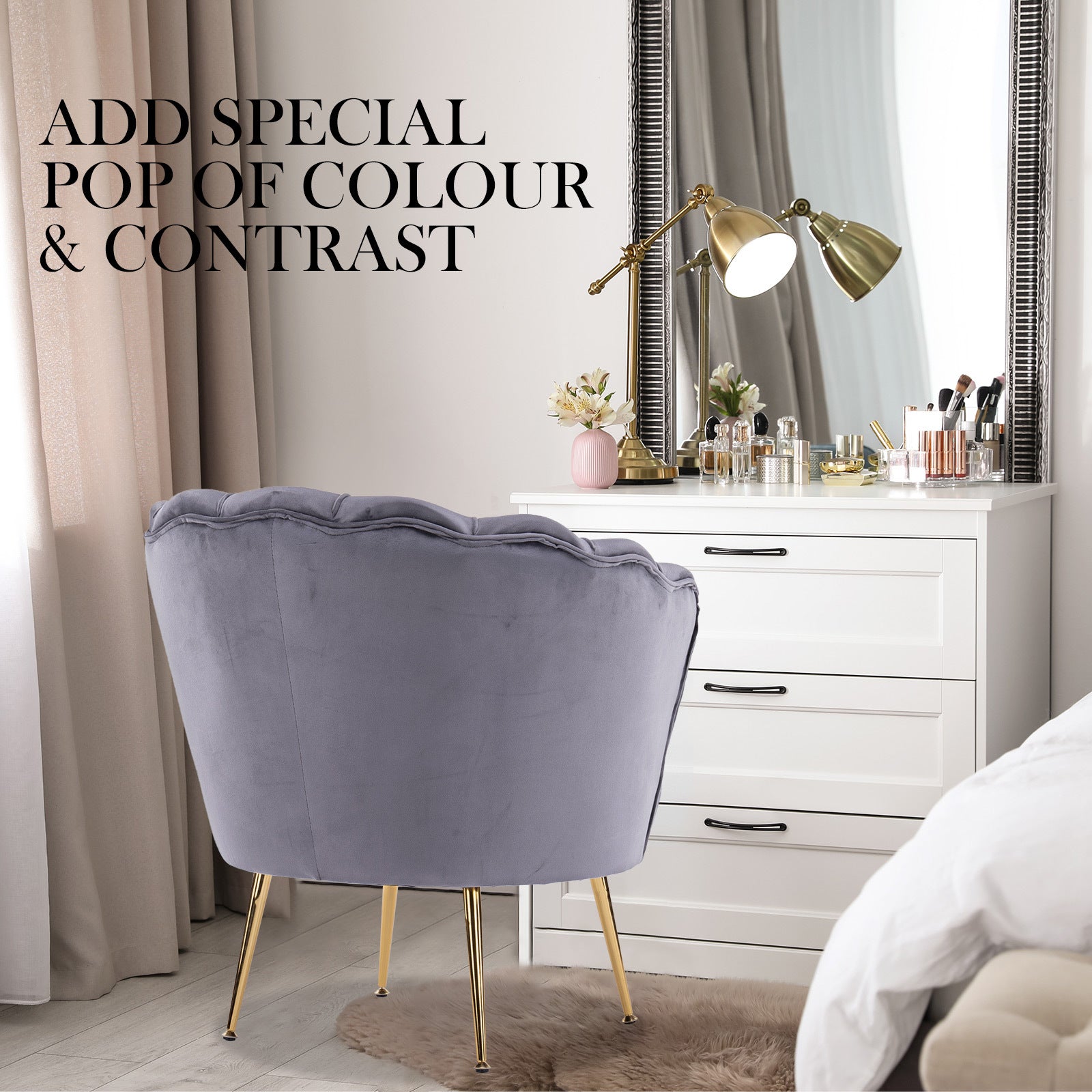 Elegant Velvet Scalloped Armchair + Ottoman, Grey - La Bella