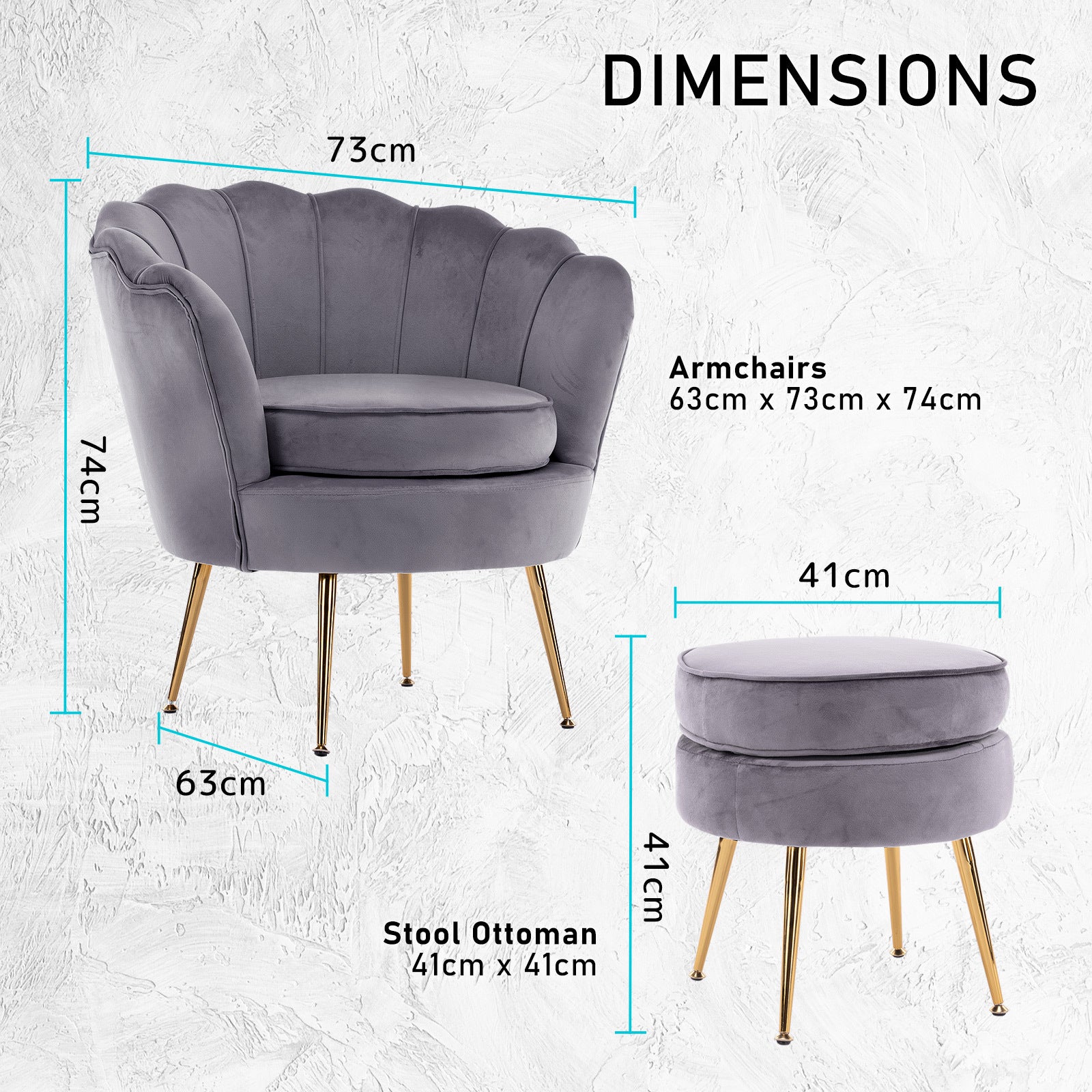 Elegant Velvet Scalloped Armchair + Ottoman, Grey - La Bella