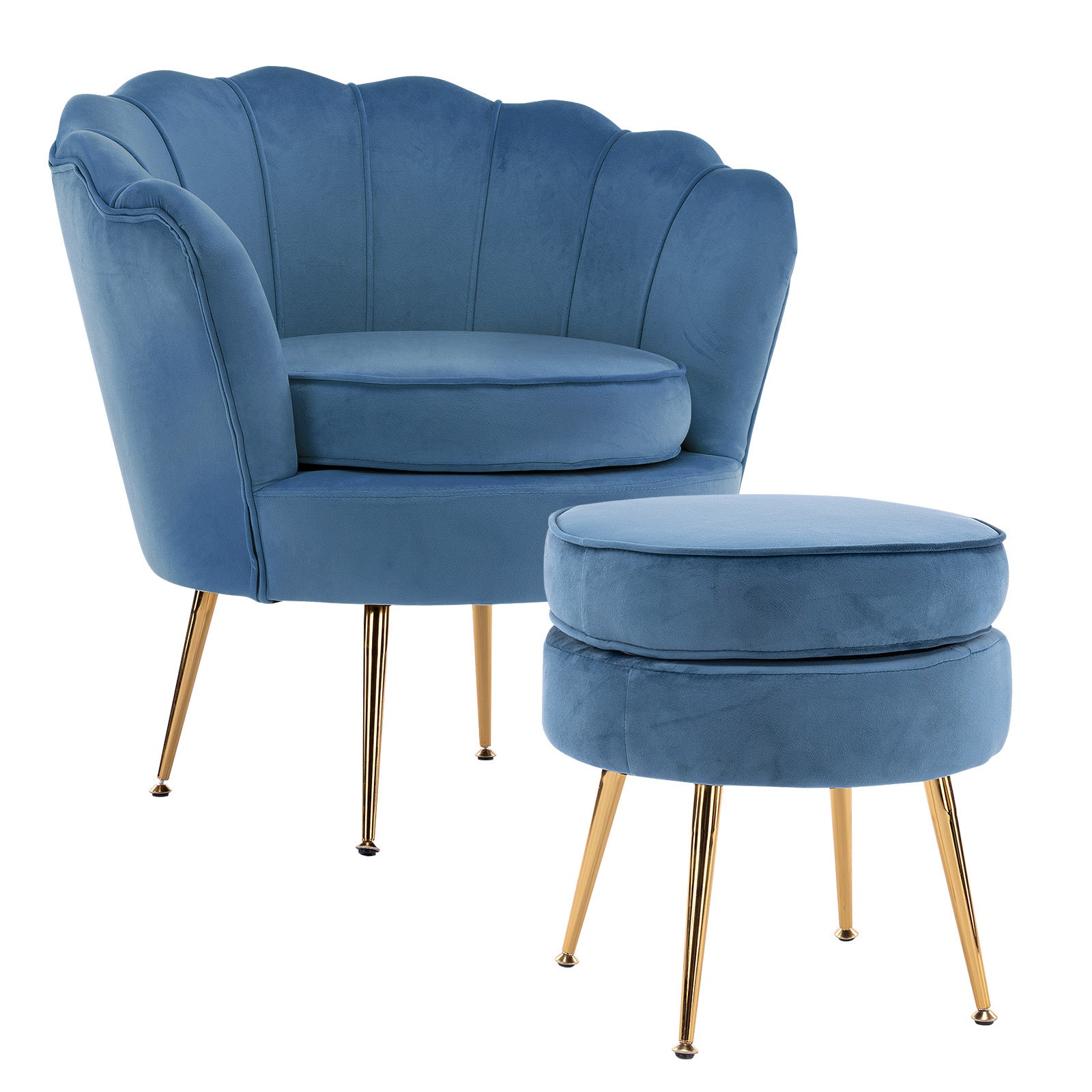 Velvet Scalloped Armchair + Ottoman, Gold Legs - La Bella