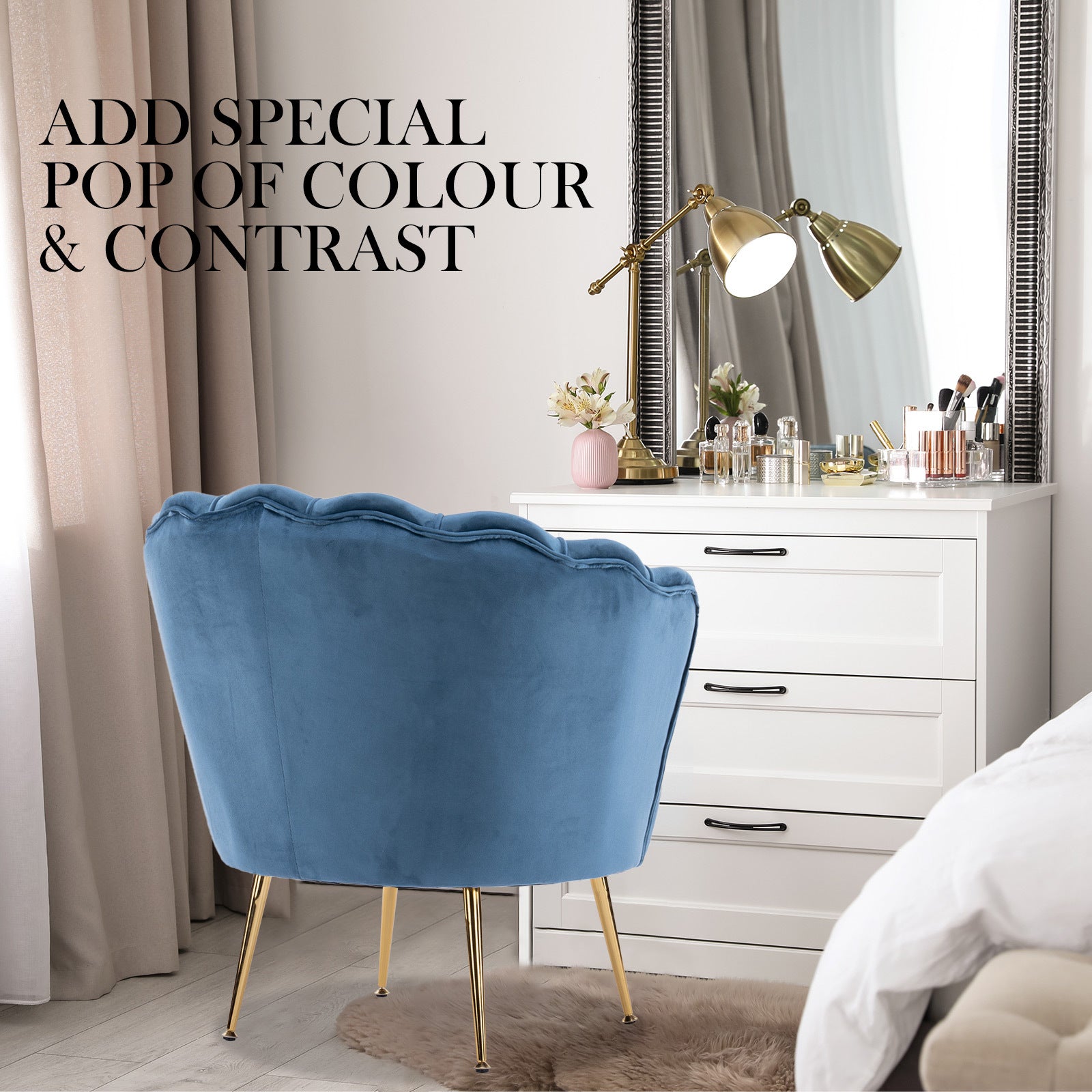 Velvet Scalloped Armchair + Ottoman, Gold Legs - La Bella