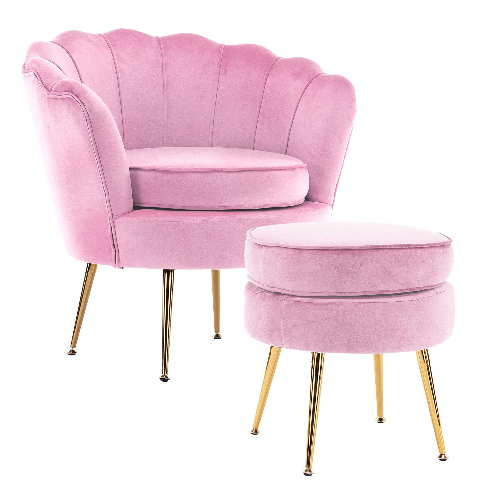 Elegant Velvet Scalloped Armchair + Ottoman Footstool Pink