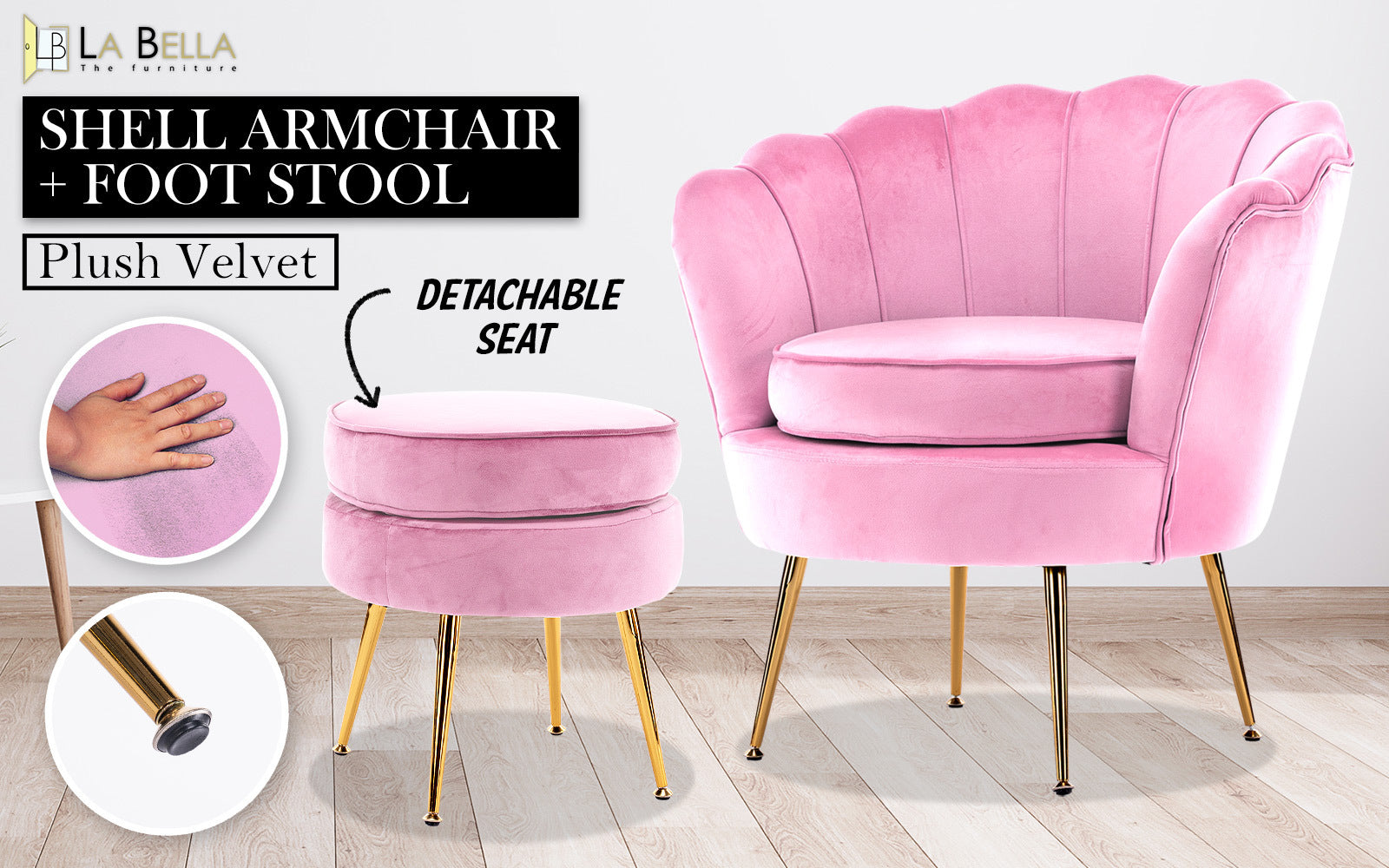 Elegant Velvet Scalloped Armchair + Ottoman Footstool Pink