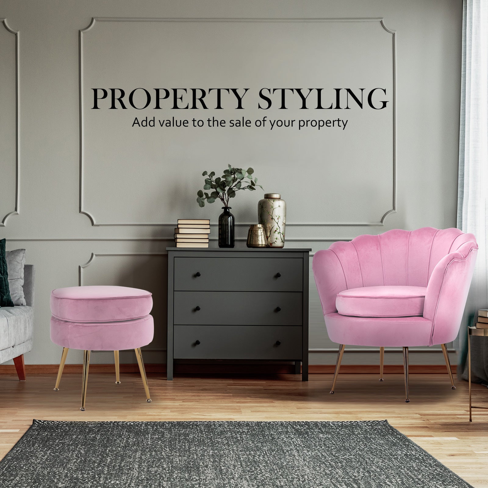 Elegant Velvet Scalloped Armchair + Ottoman Footstool Pink