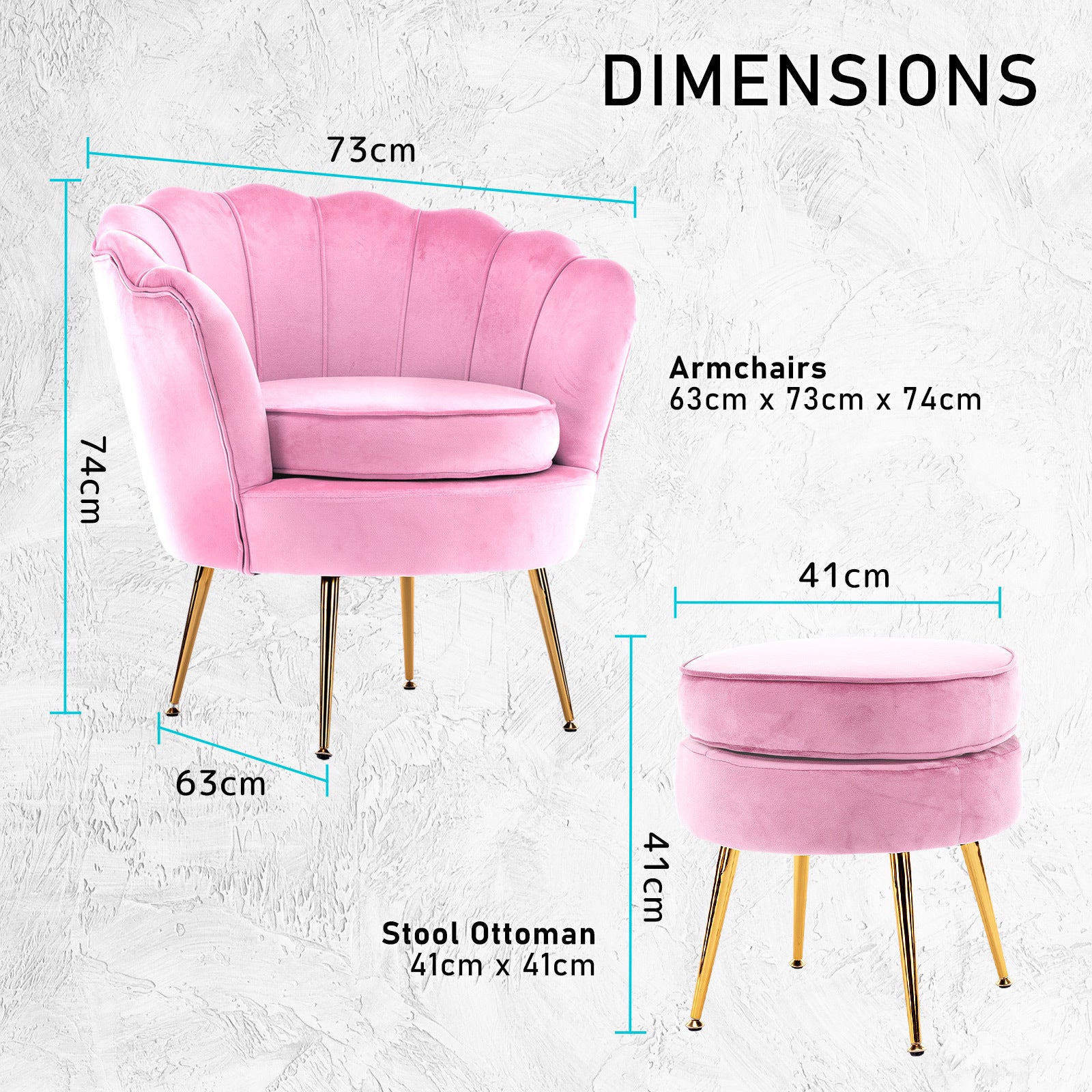 Elegant Velvet Scalloped Armchair + Ottoman Footstool Pink